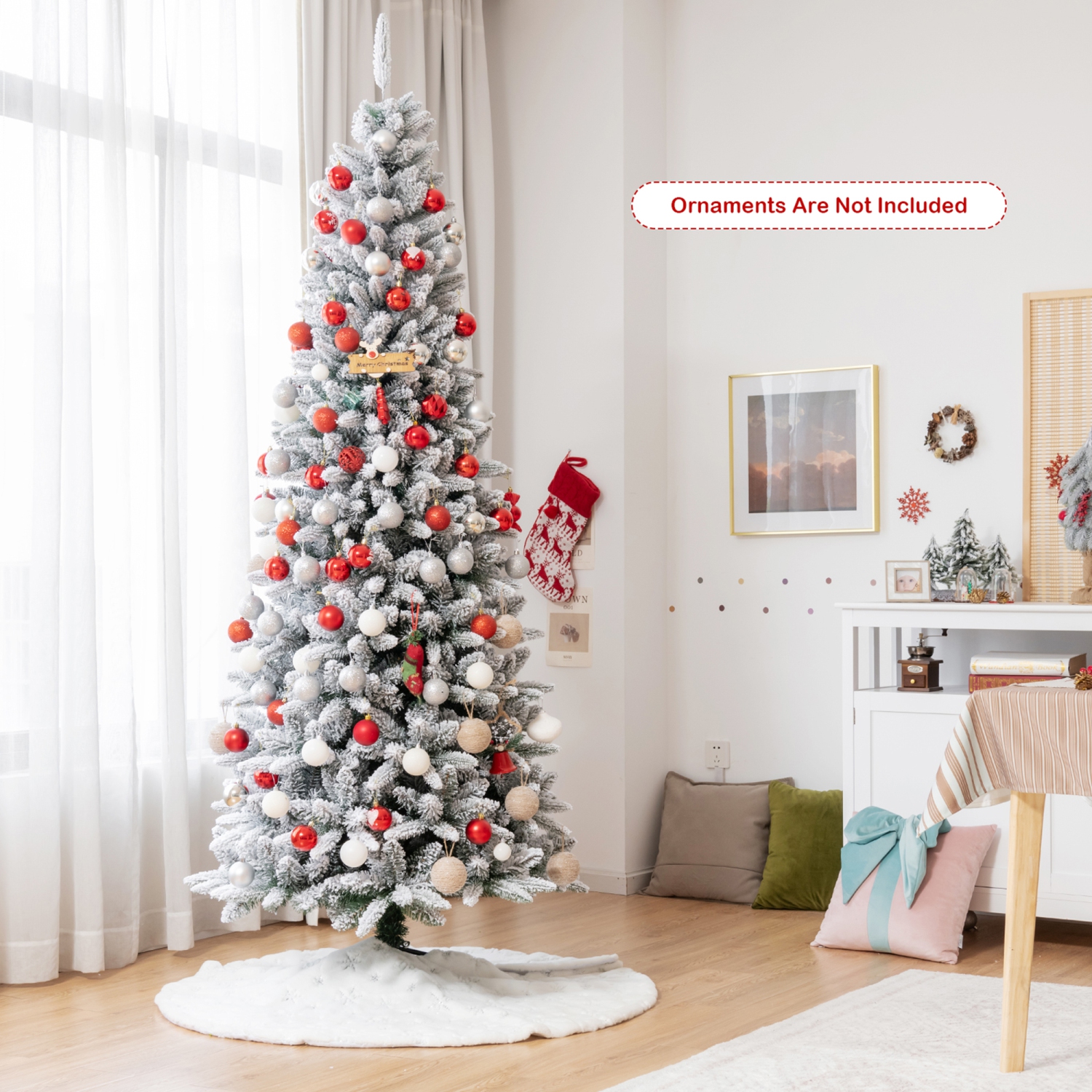 Gymax 7.5 FT Artificial Slim Christmas Tree Unlit Snow-Flocked Xmas Pencil Tree