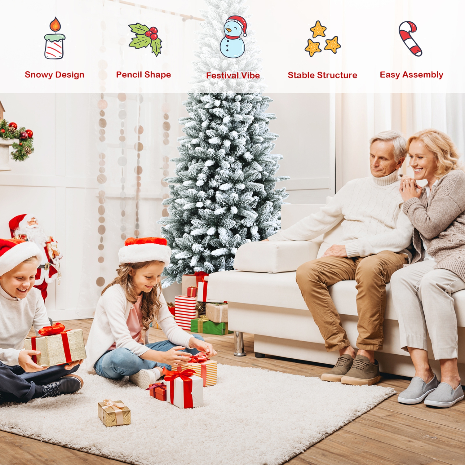 Gymax 7.5 FT Artificial Slim Christmas Tree Unlit Snow-Flocked Xmas Pencil Tree