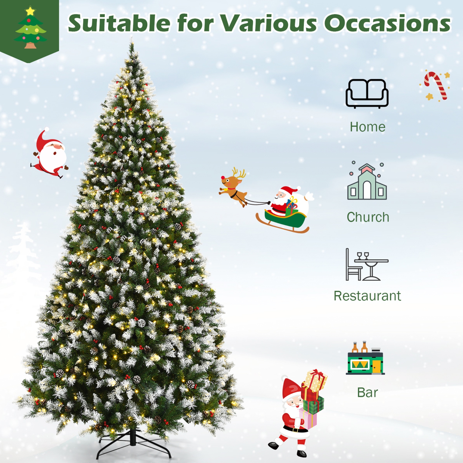 Gymax 9 FT Pre-lit Snow Sprayed Christmas Tree Artificial Xmas Tree w/ 8 Lighting Modes