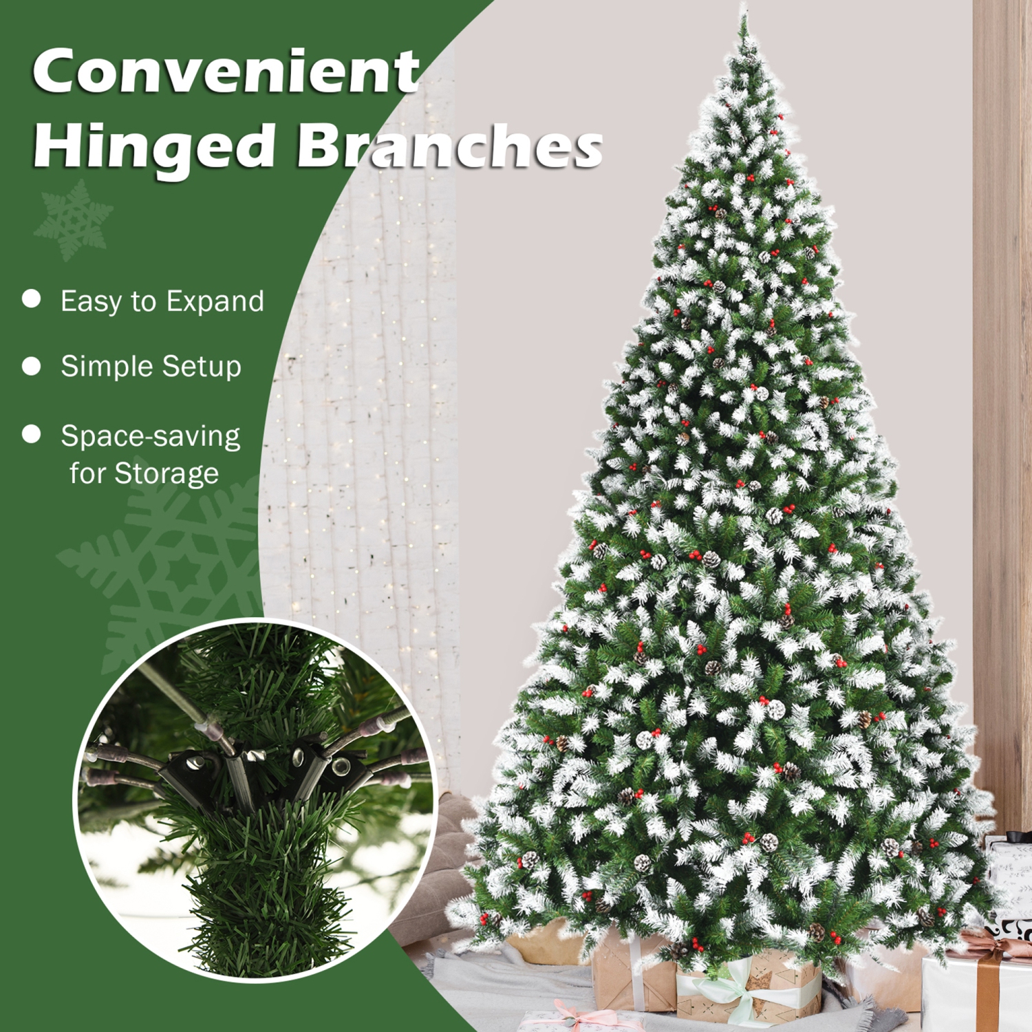 Gymax 9 FT Pre-lit Snow Sprayed Christmas Tree Artificial Xmas Tree w/ 8 Lighting Modes