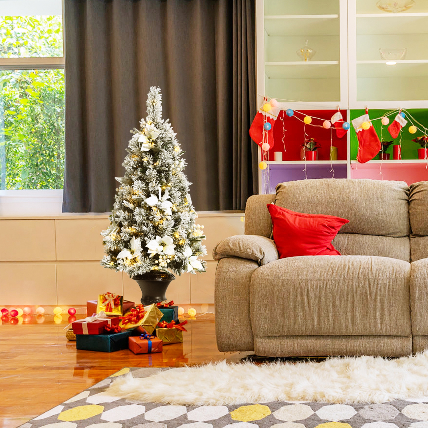 Gymax 4 FT Pre-lit Christmas Entrance Tree Snow Flocked Xmas Tree w/ LED Lights