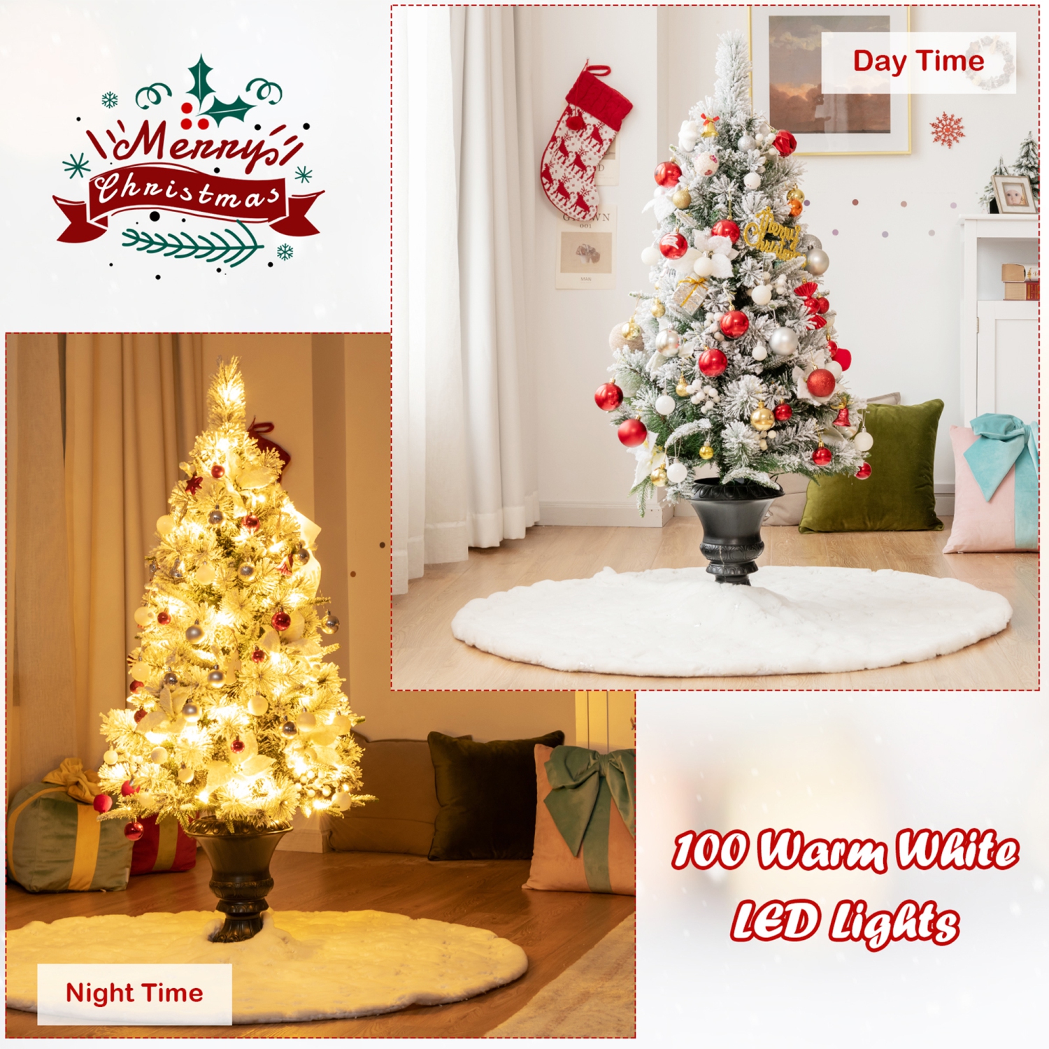 Gymax 4 FT Pre-lit Christmas Entrance Tree Snow Flocked Xmas Tree w/ LED Lights