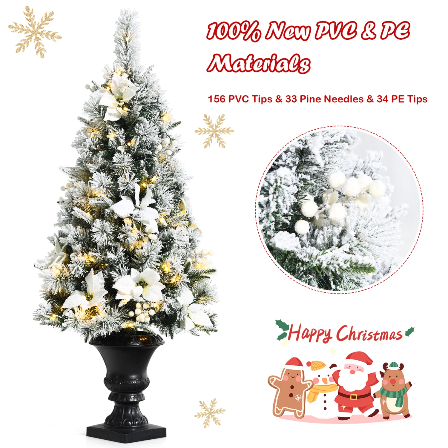 Gymax 4 FT Pre-lit Christmas Entrance Tree Snow Flocked Xmas Tree w/ LED Lights