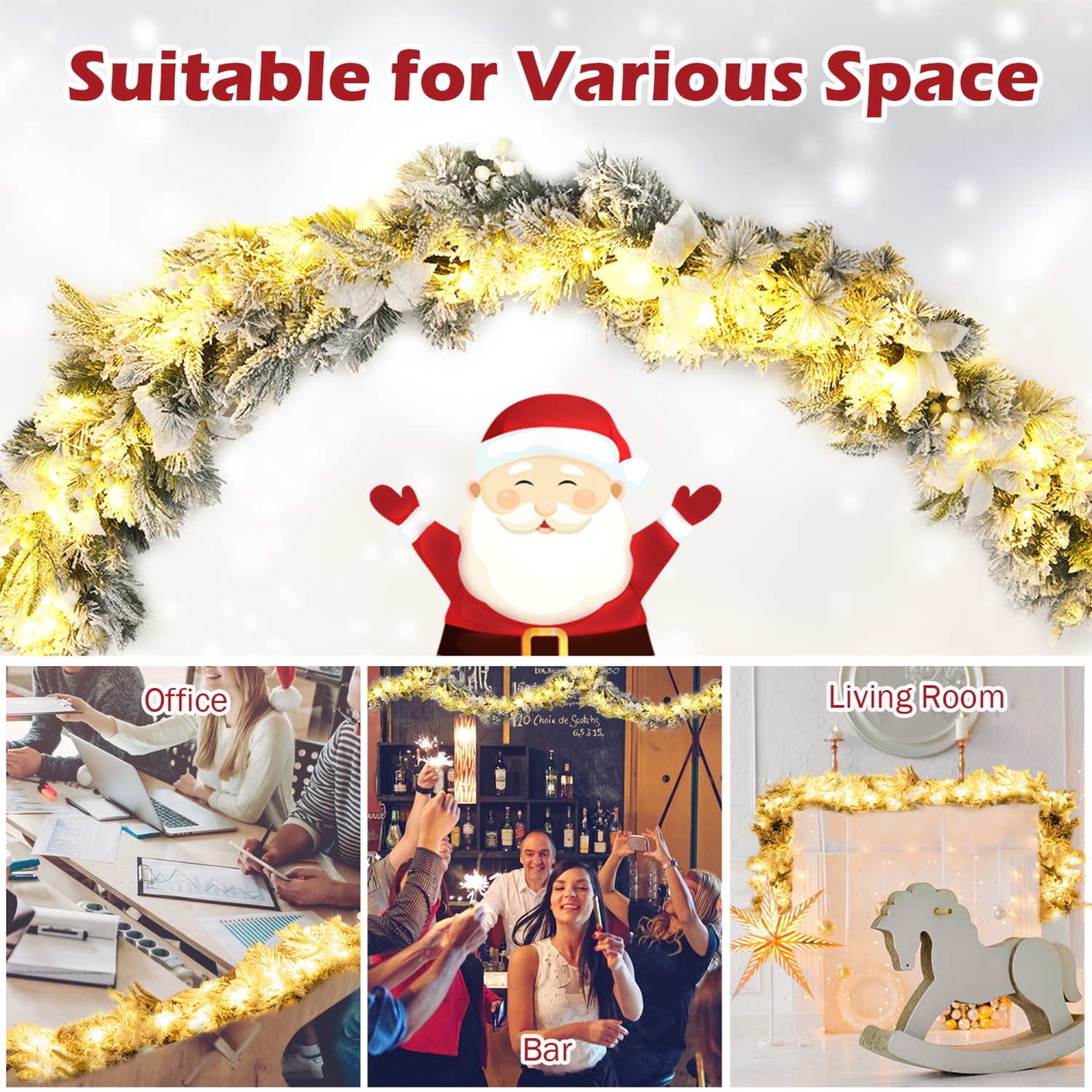 Gymax 9 FT Pre-Lit Artificial Flocked Christmas Garland w/ 50 LED Lights & Timer