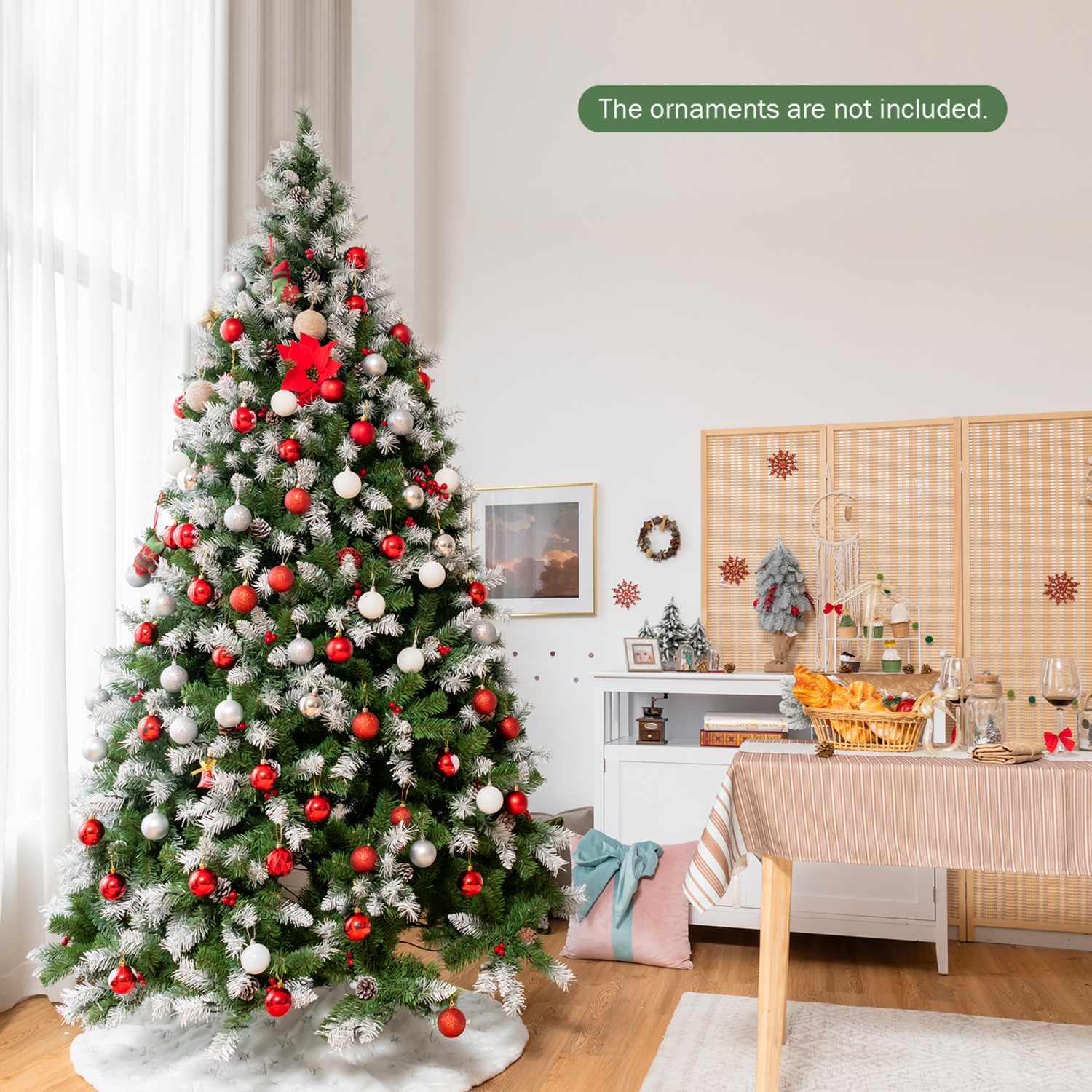 Gymax 7.5 FT Pre-lit Snow Sprayed Christmas Tree Artificial Xmas Tree w/ 8 Lighting Modes