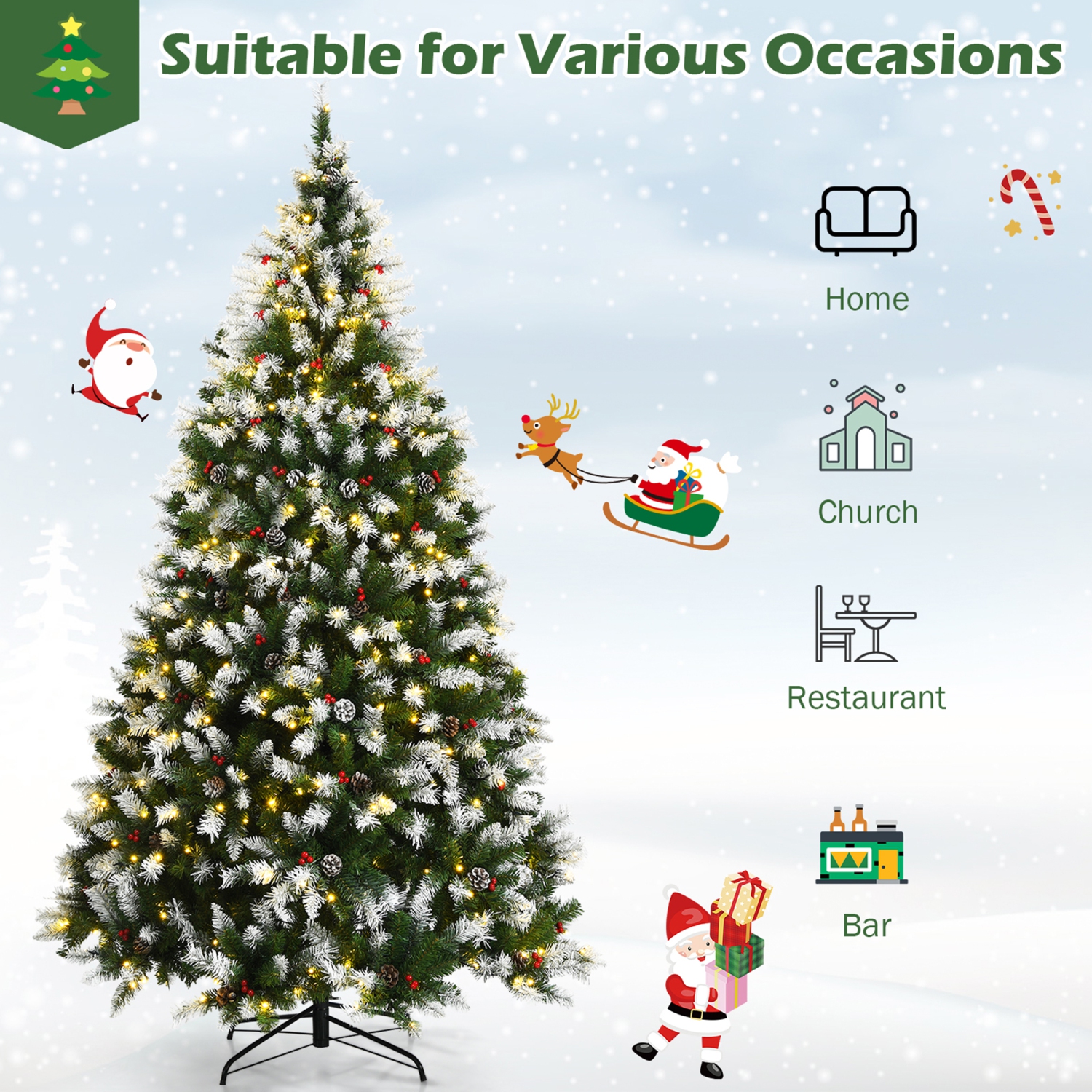 Gymax 7.5 FT Pre-lit Snow Sprayed Christmas Tree Artificial Xmas Tree w/ 8 Lighting Modes
