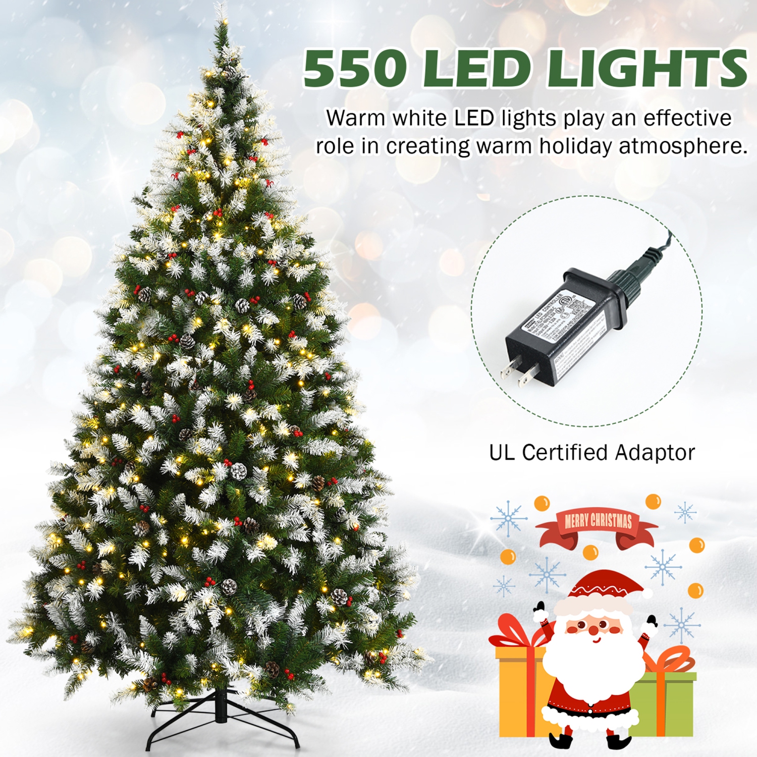 Gymax 7.5 FT Pre-lit Snow Sprayed Christmas Tree Artificial Xmas Tree w/ 8 Lighting Modes