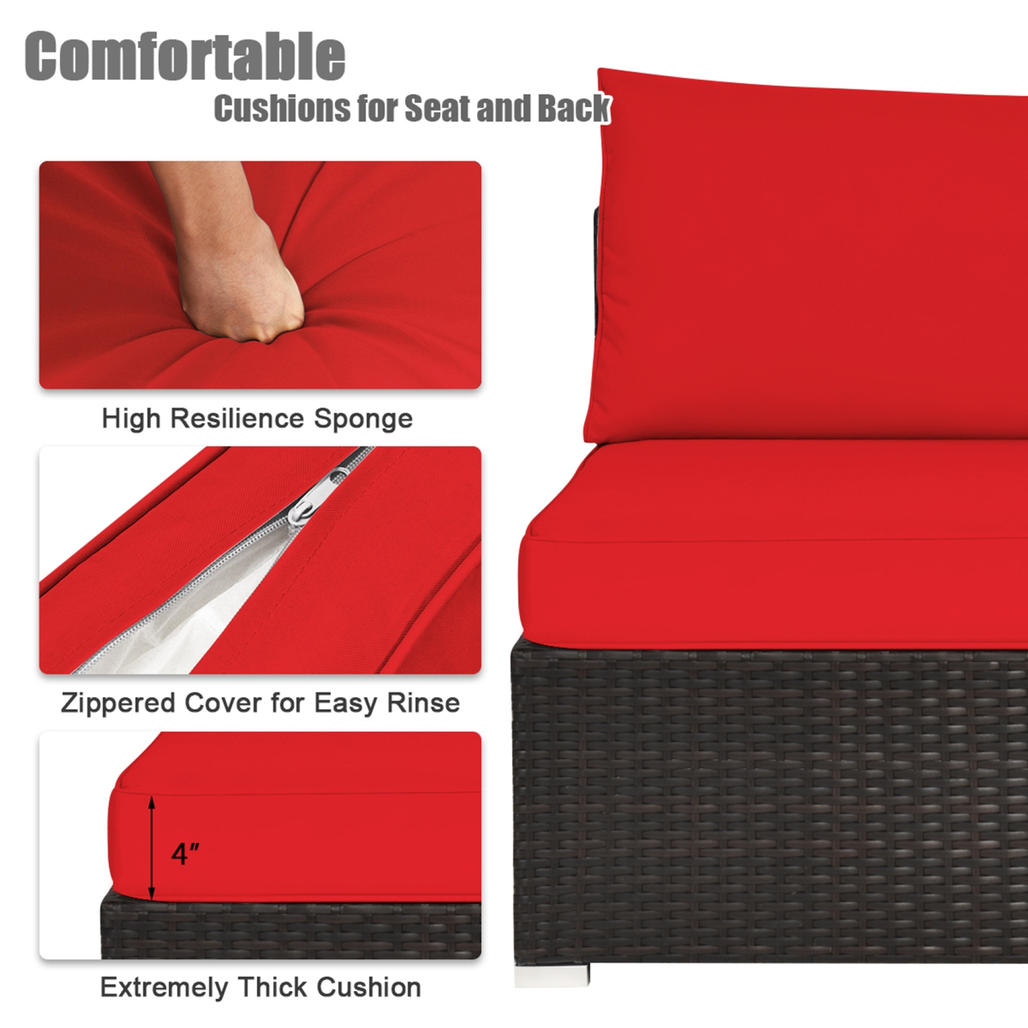 Gymax 6PCS Rattan Patio Sectional Sofa Set Outdoor Furniture Set w/ Red Cushions