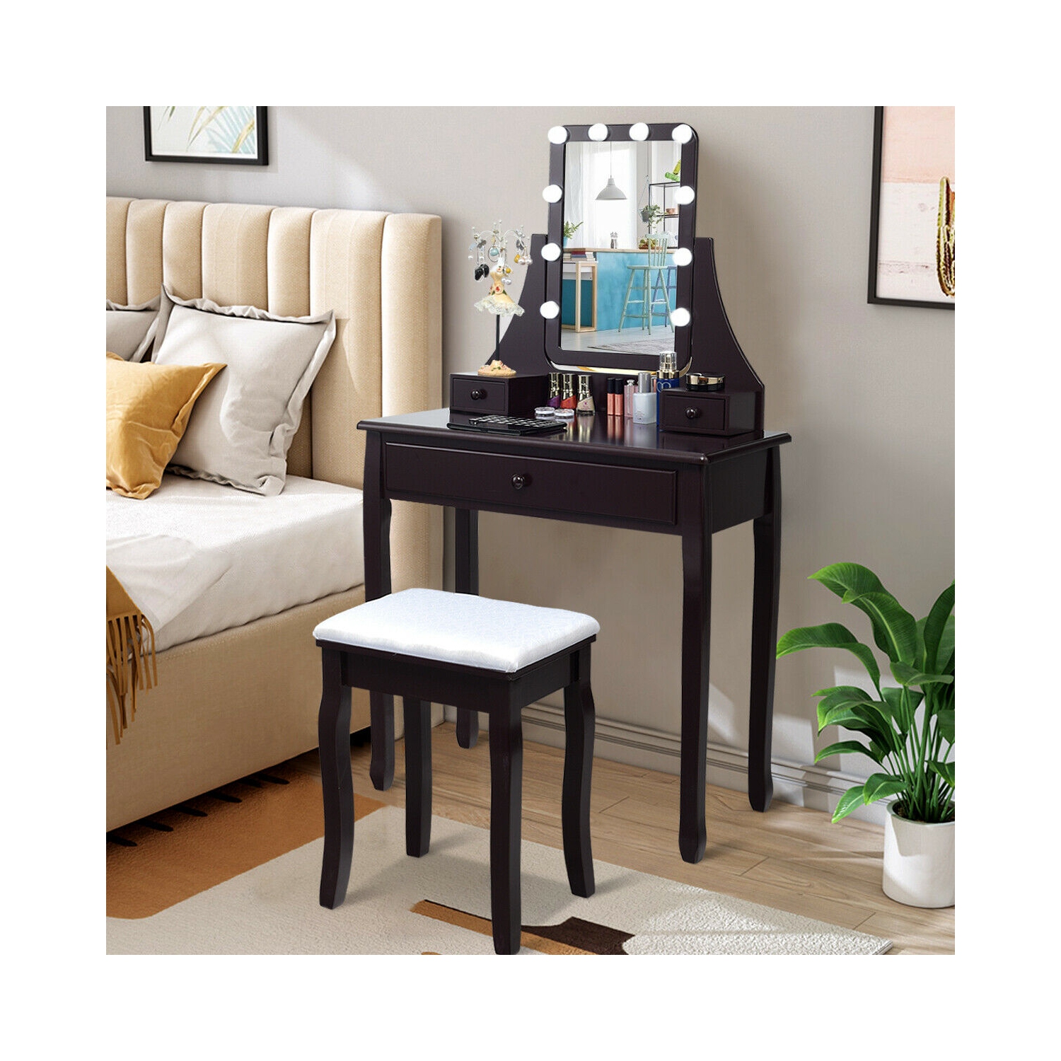 Topbuy Make-Up Vanity Table Dresser Set w/LED Light & Padded Stool Brown