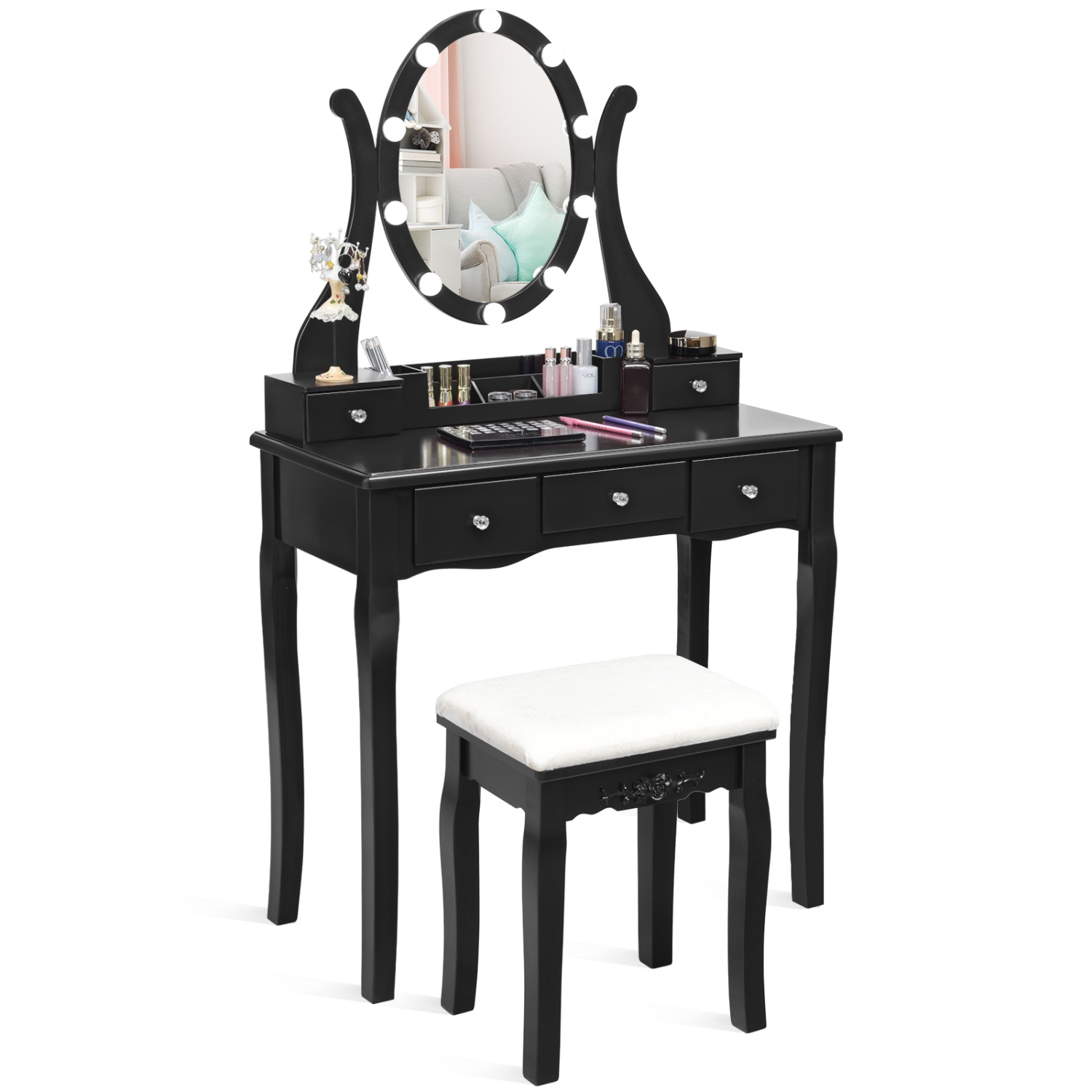 Topbuy Vanity Table Makeup Dresser Desk w/LED Light Drawers & Stool Black
