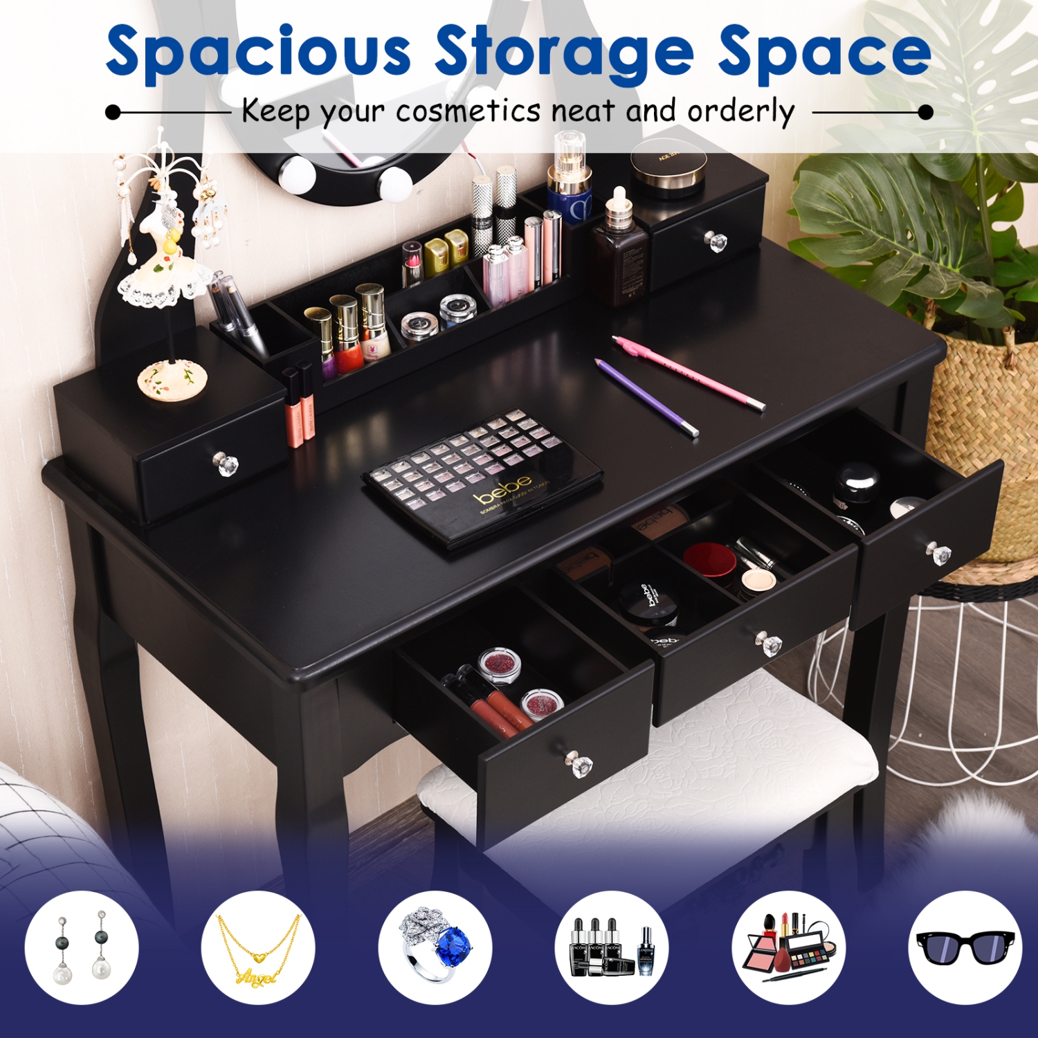 Topbuy Vanity Table Makeup Dresser Desk w/LED Light Drawers & Stool Black