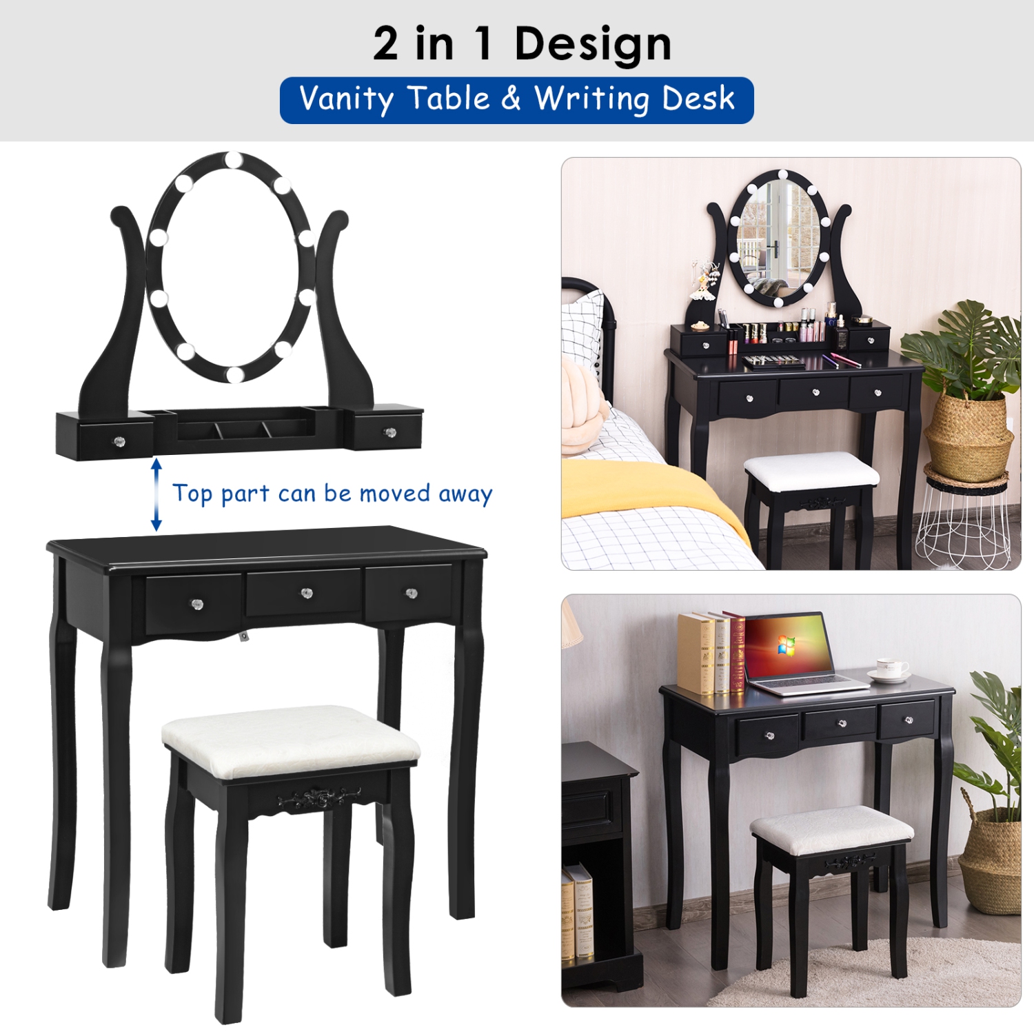 Topbuy Vanity Table Makeup Dresser Desk w/LED Light Drawers & Stool Black