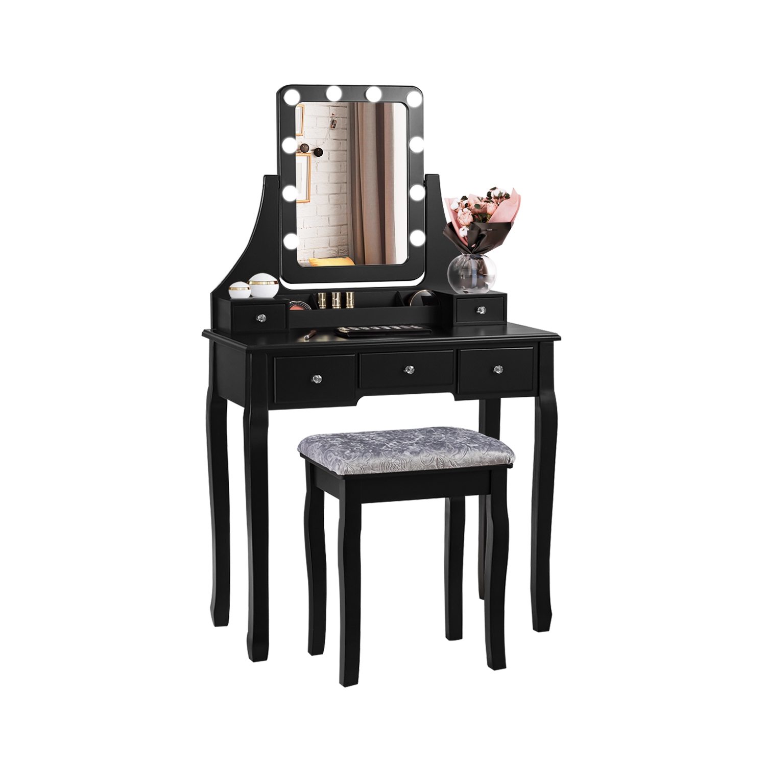 Ensemble coiffeuse amovible TopBuy table maquillage avec miroir et tabouret rembourré blanc/noir/brun