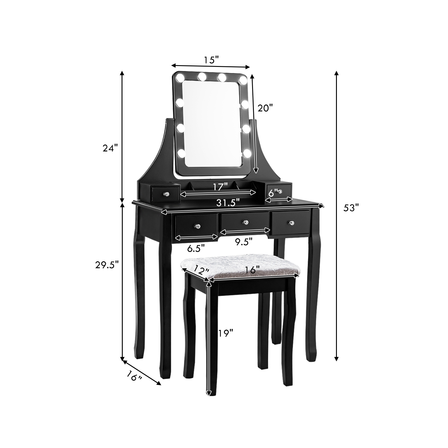 Ensemble coiffeuse amovible TopBuy table maquillage avec miroir et tabouret rembourré blanc/noir/brun