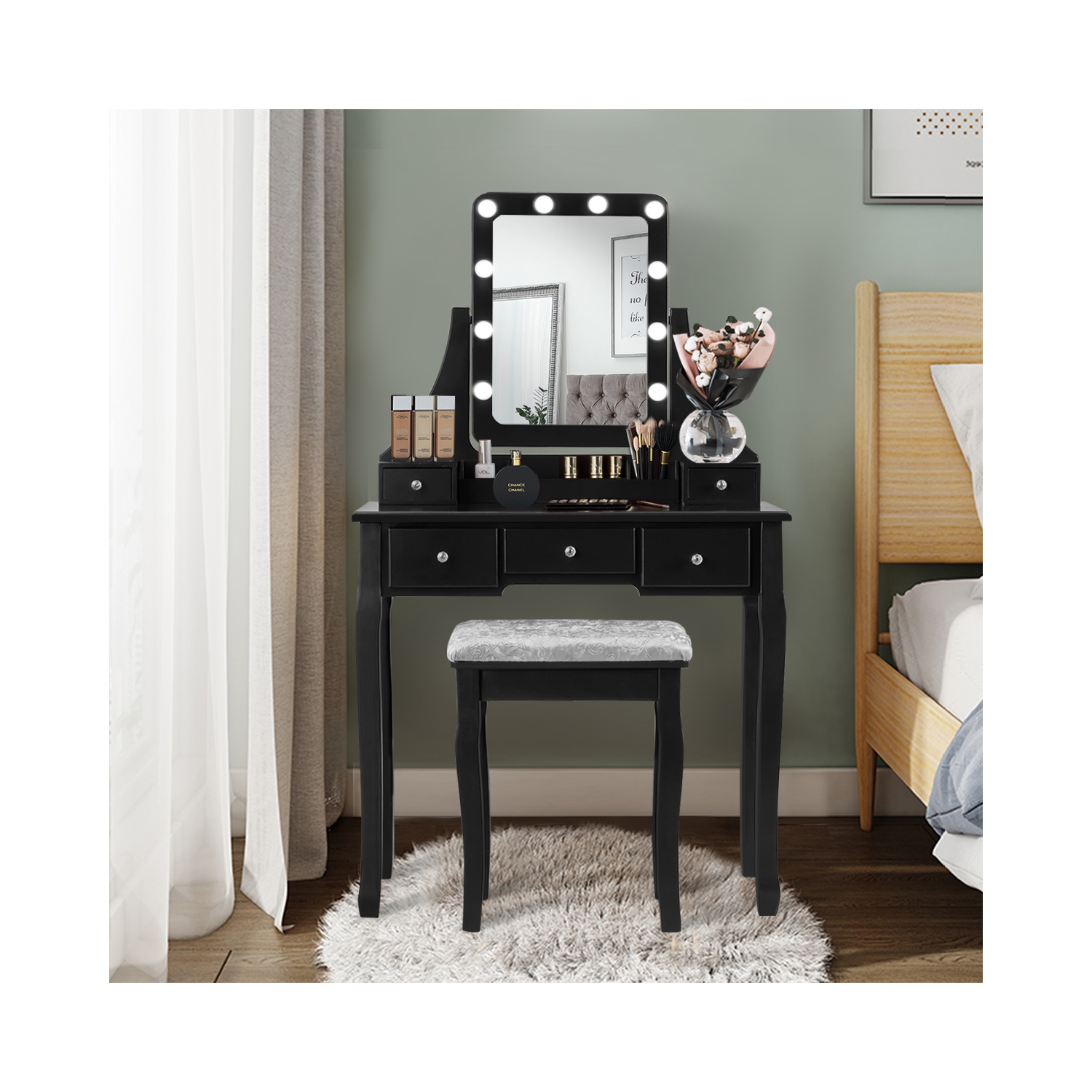 Ensemble coiffeuse amovible TopBuy table maquillage avec miroir et tabouret rembourré blanc/noir/brun