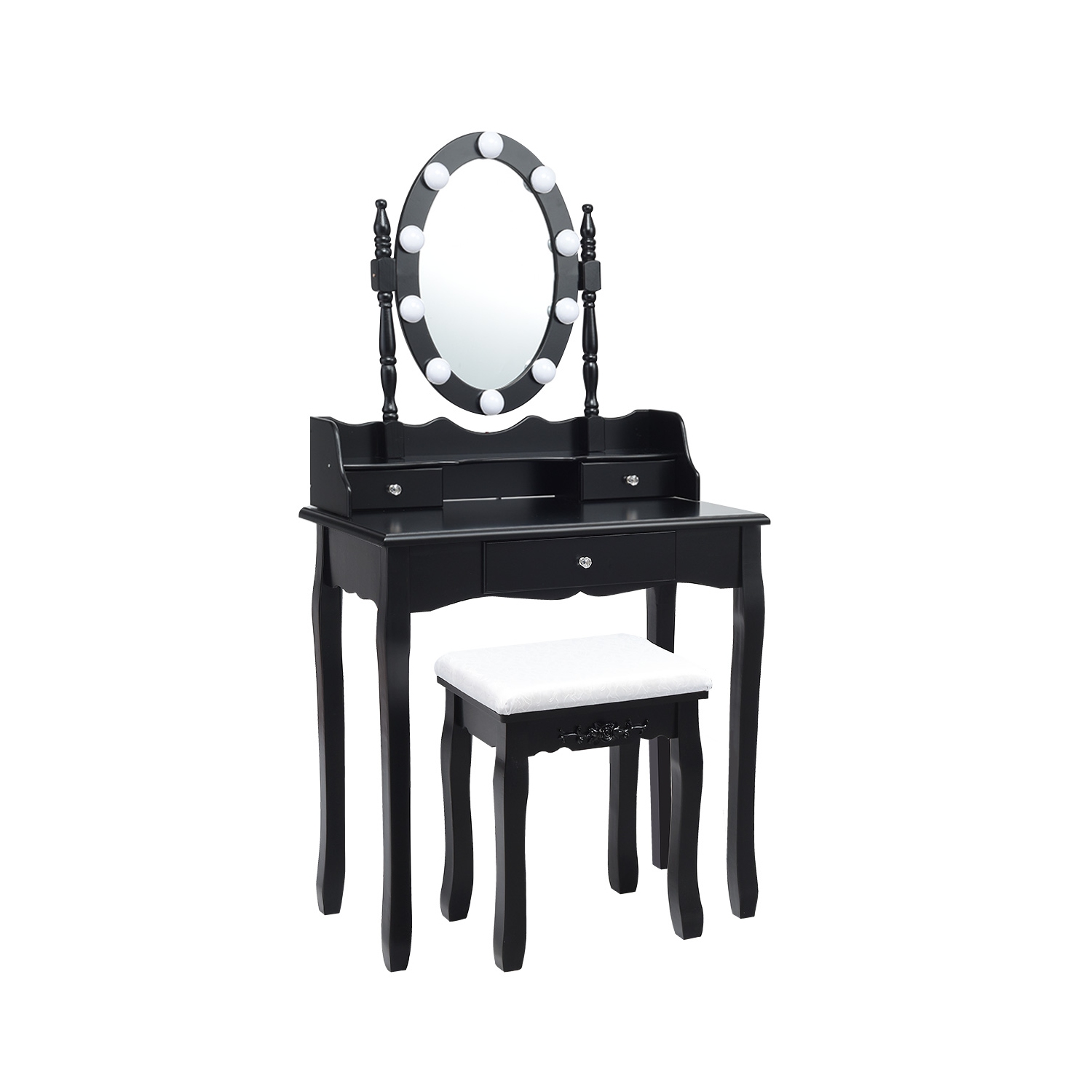 Topbuy Mirrored Vanity Table Set Lighted Makeup Dresser w/ Drawers Black