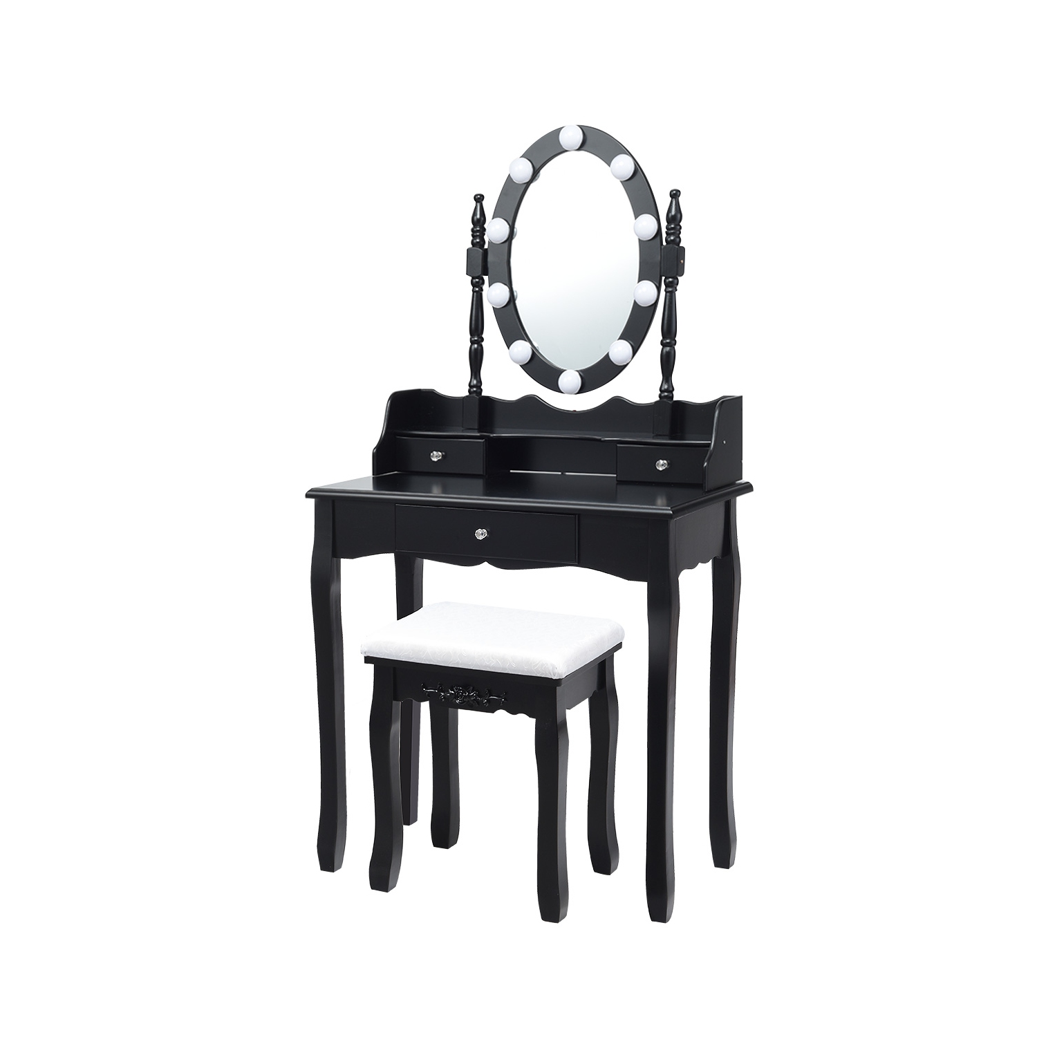 Topbuy Mirrored Vanity Table Set Lighted Makeup Dresser w/ Drawers Black