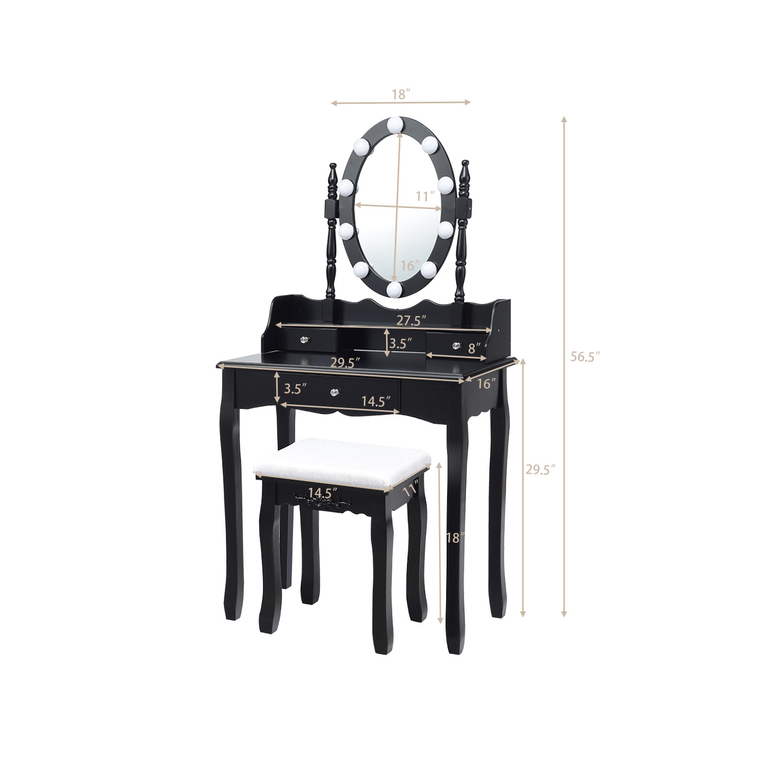 Topbuy Mirrored Vanity Table Set Lighted Makeup Dresser w/ Drawers Black