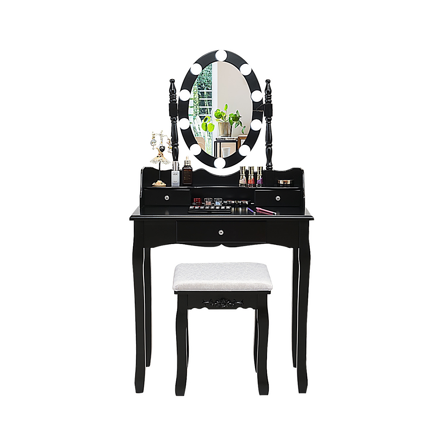 Topbuy Mirrored Vanity Table Set Lighted Makeup Dresser w/ Drawers Black