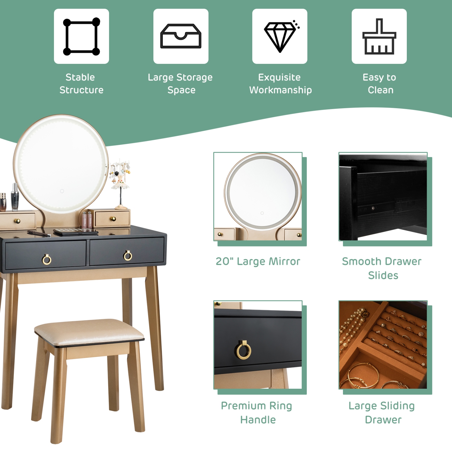 Topbuy Vanity Table Set 3 Color LED Light Touch Screen Mirror W/ Stool Black/Navy