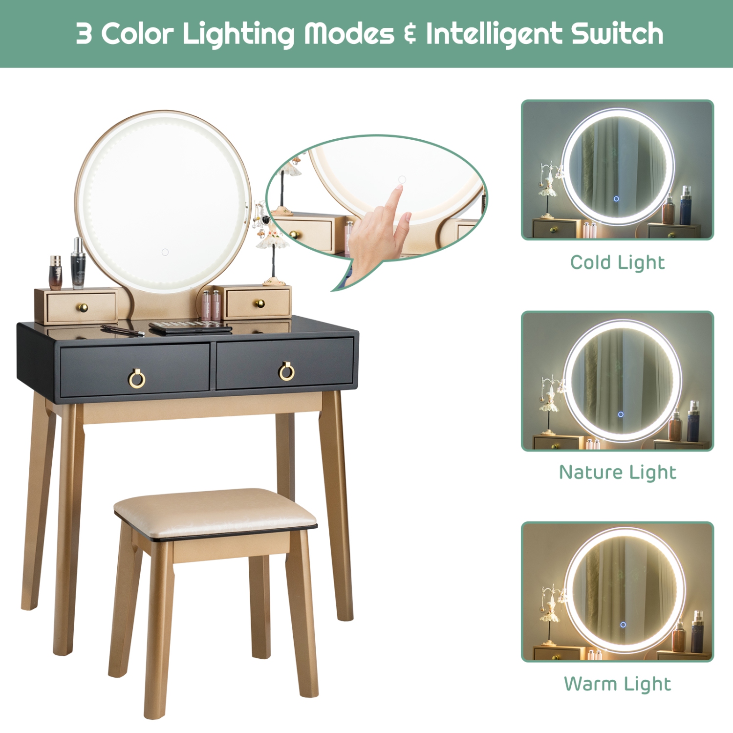 Topbuy Vanity Table Set 3 Color LED Light Touch Screen Mirror W/ Stool Black/Navy