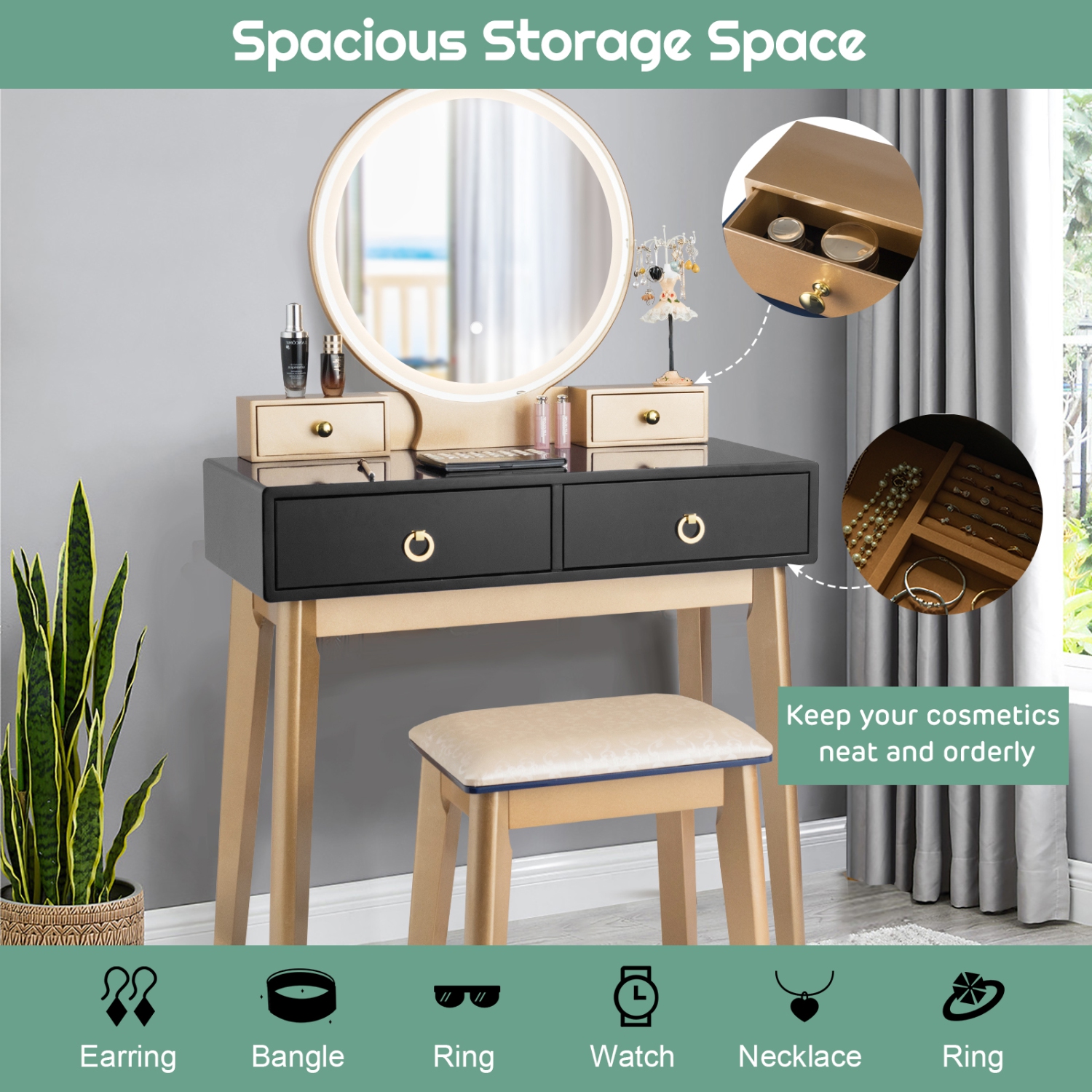 Topbuy Vanity Table Set 3 Color LED Light Touch Screen Mirror W/ Stool Black/Navy