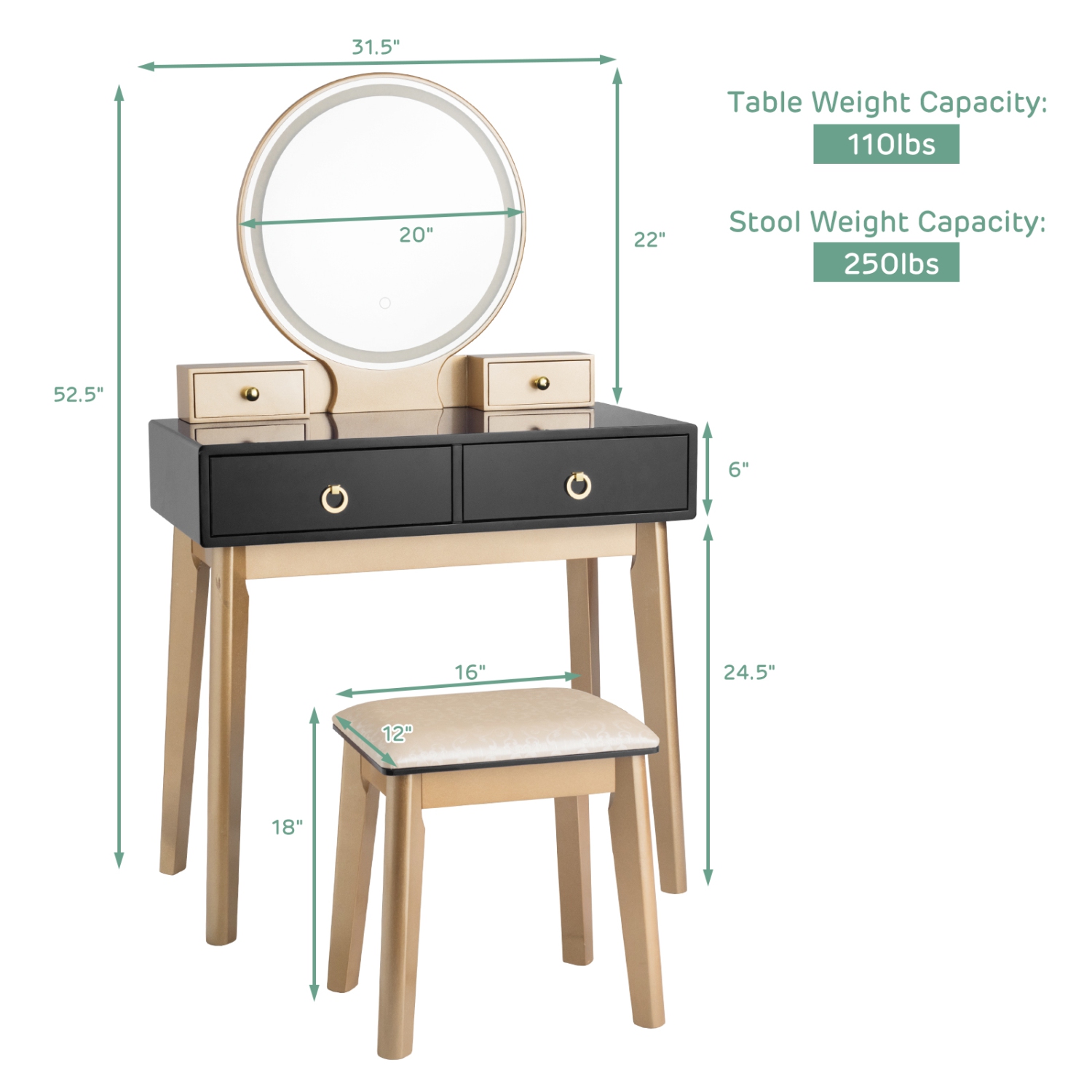 Topbuy Vanity Table Set 3 Color LED Light Touch Screen Mirror W/ Stool Black/Navy