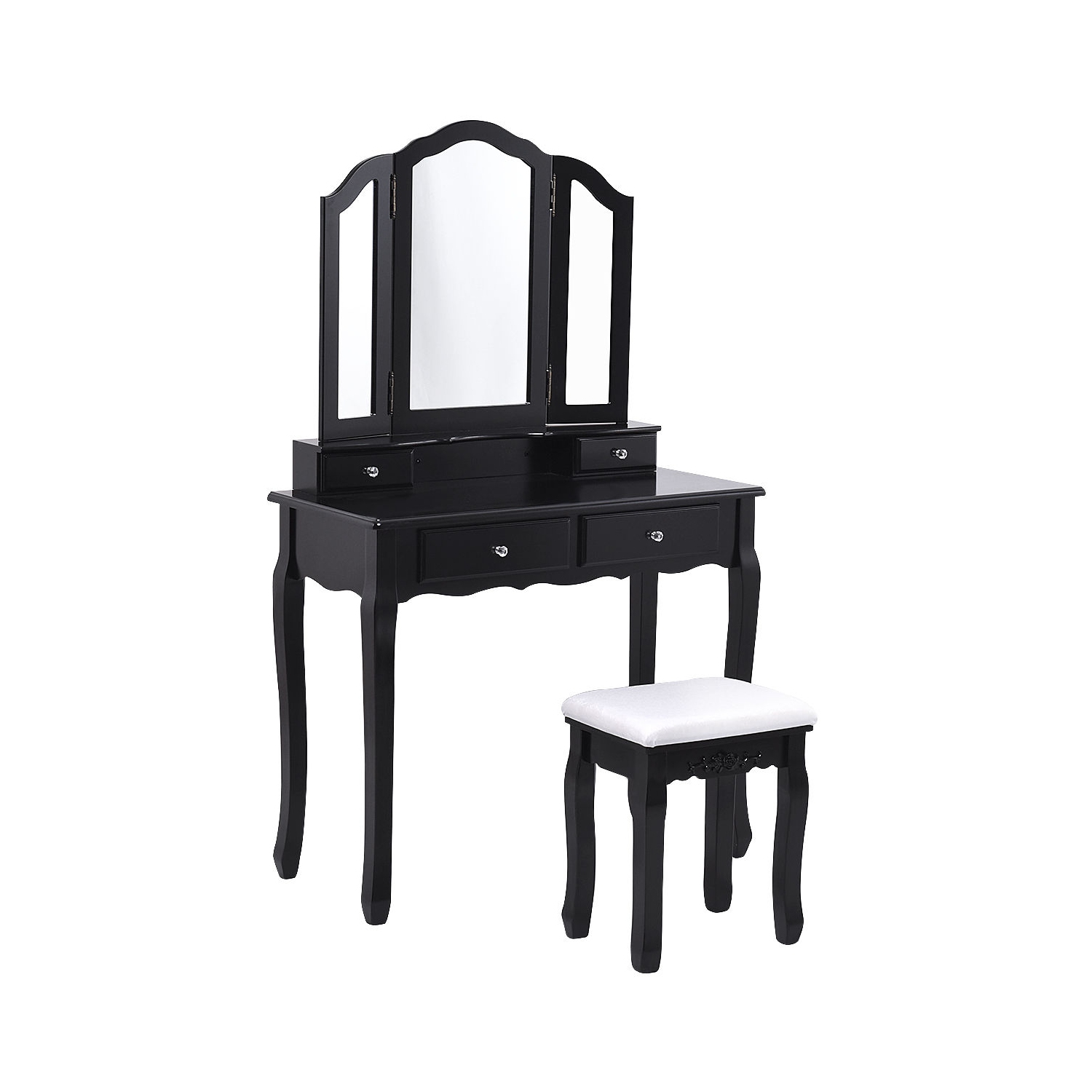 Topbuy Removable Tri-folding Mirror Vanity Table Unit Makeup Set w/ Stool & 4 Drawers Black