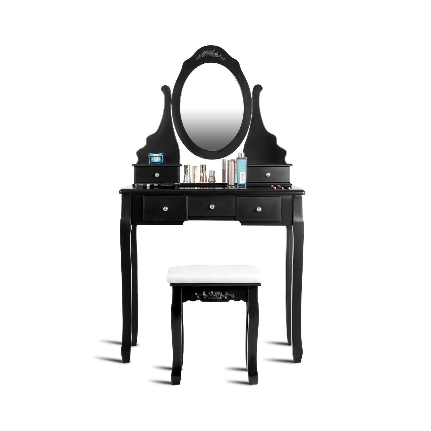 Topbuy Oval Vanity Mirror Dressing Table Beauty Dresser w/ Cushioned Bench Black