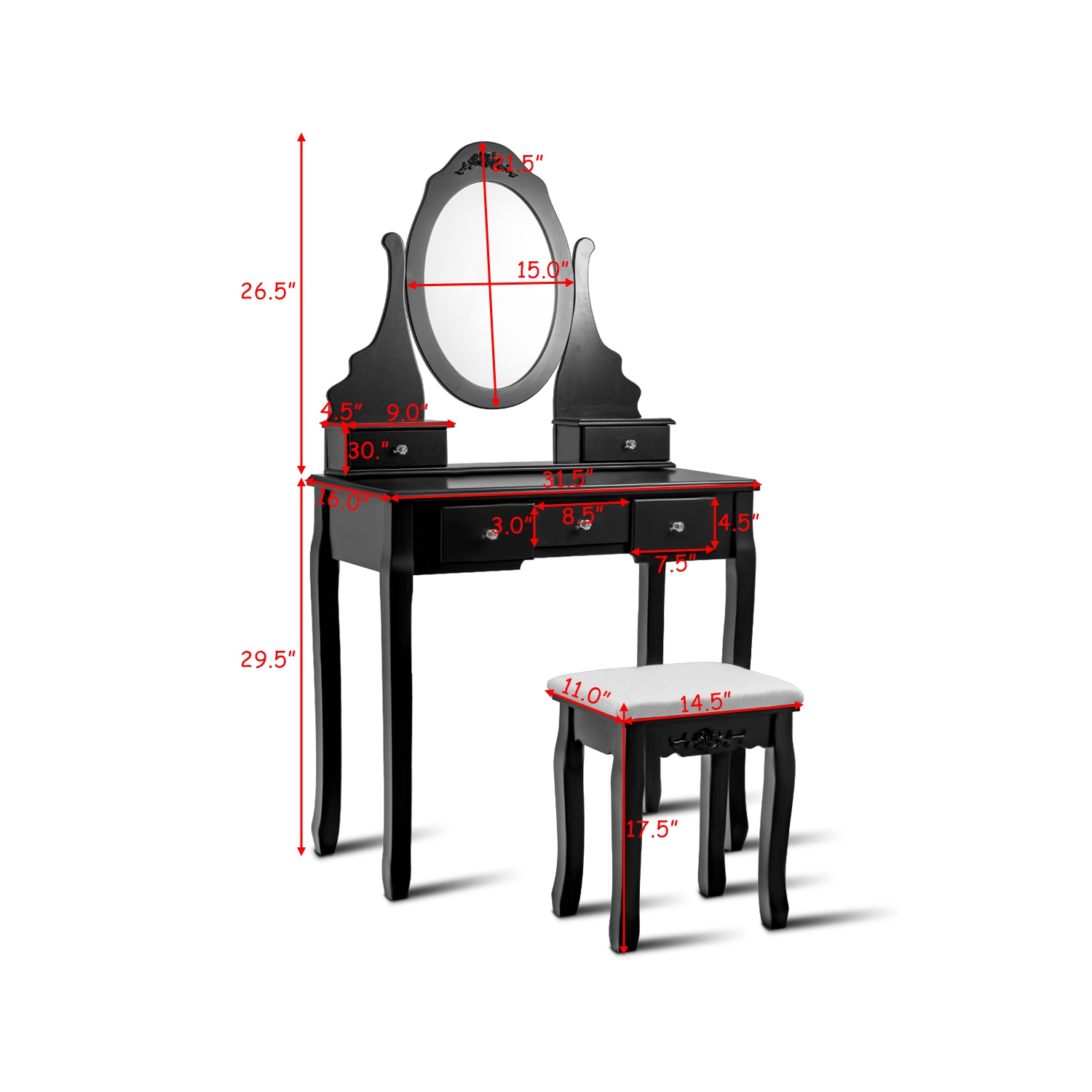 Topbuy Oval Vanity Mirror Dressing Table Beauty Dresser w/ Cushioned Bench Black