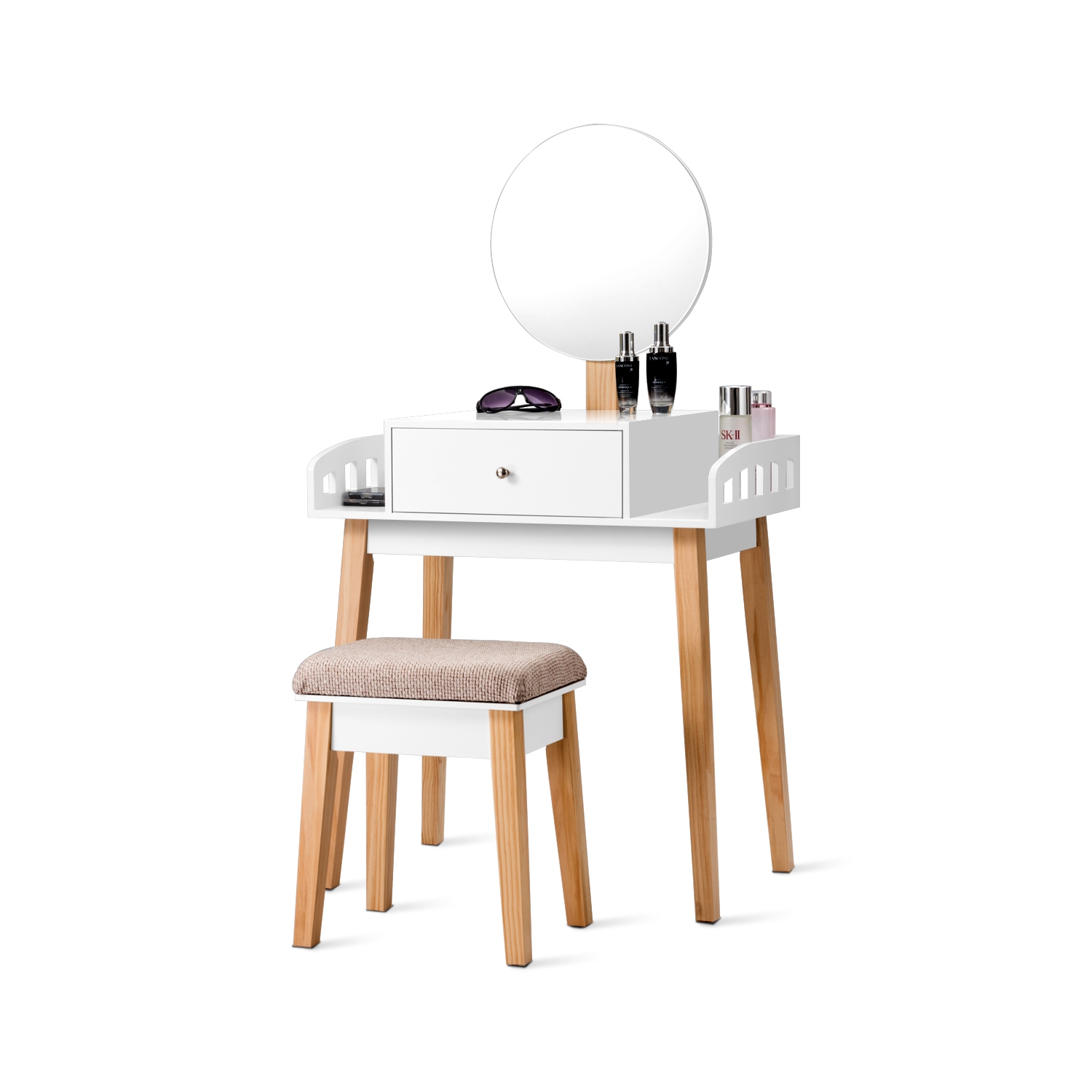 Topbuy Wooden Vanity Makeup Dressing Table Round Mirror Cushioned Stool with 1 Drawer