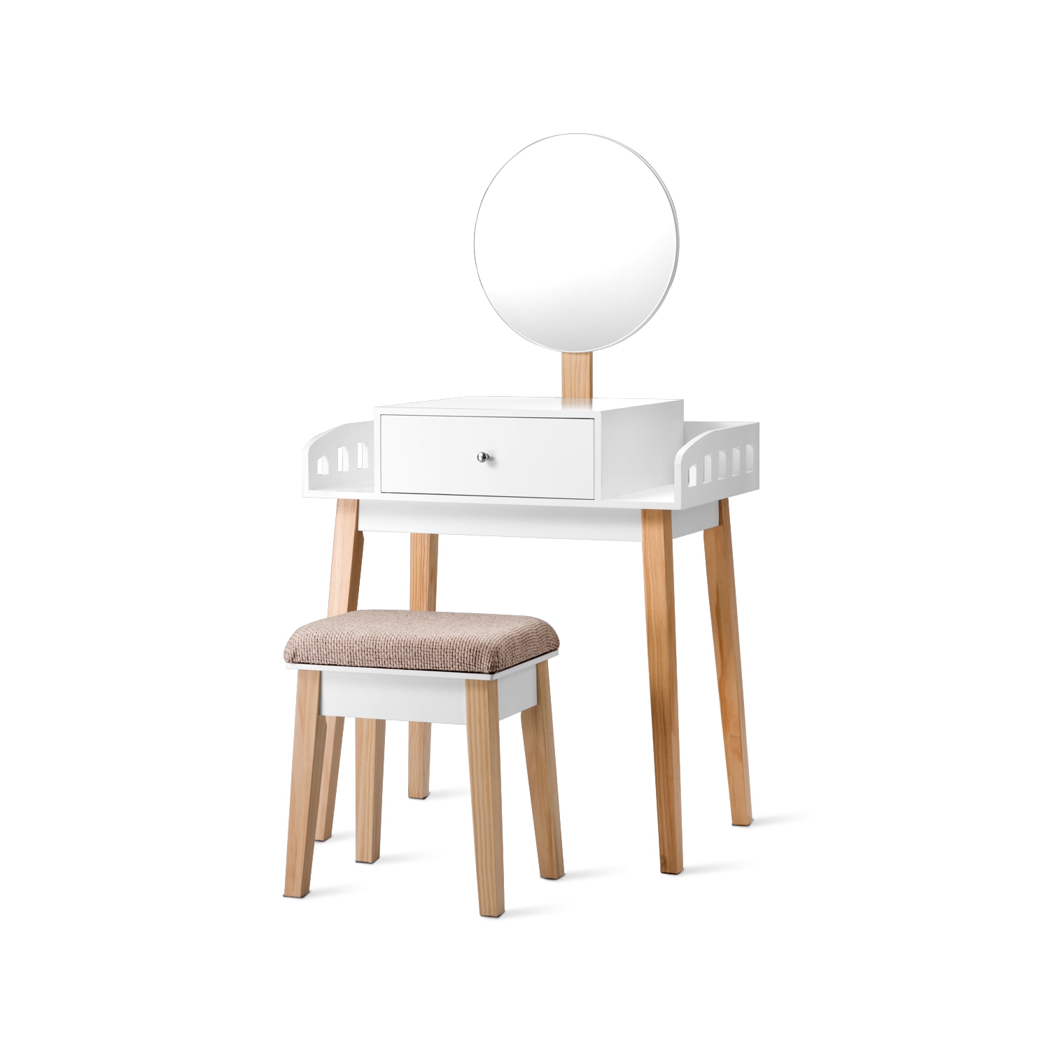 Topbuy Wooden Vanity Makeup Dressing Table Round Mirror Cushioned Stool with 1 Drawer