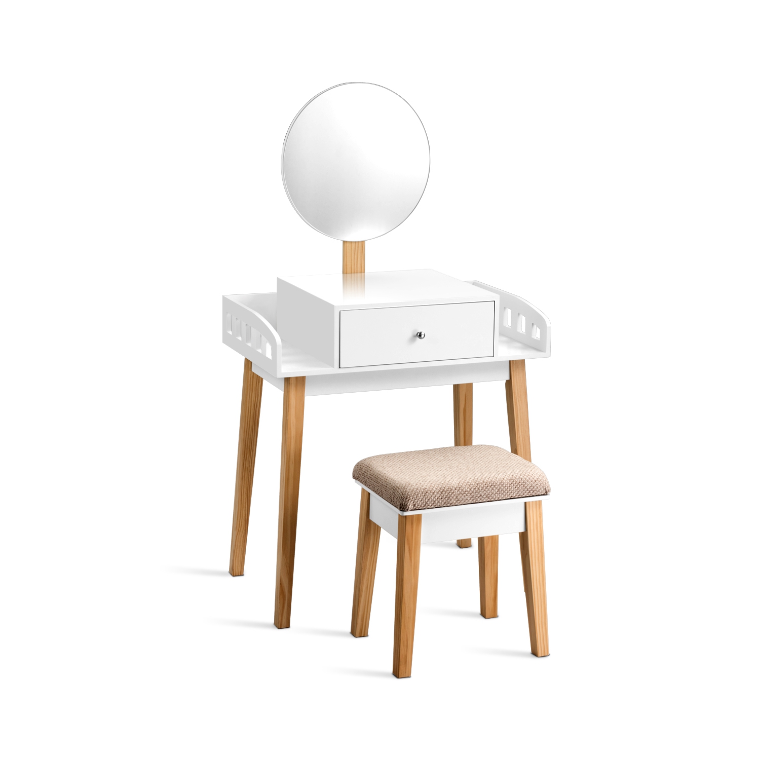 Topbuy Wooden Vanity Makeup Dressing Table Round Mirror Cushioned Stool with 1 Drawer