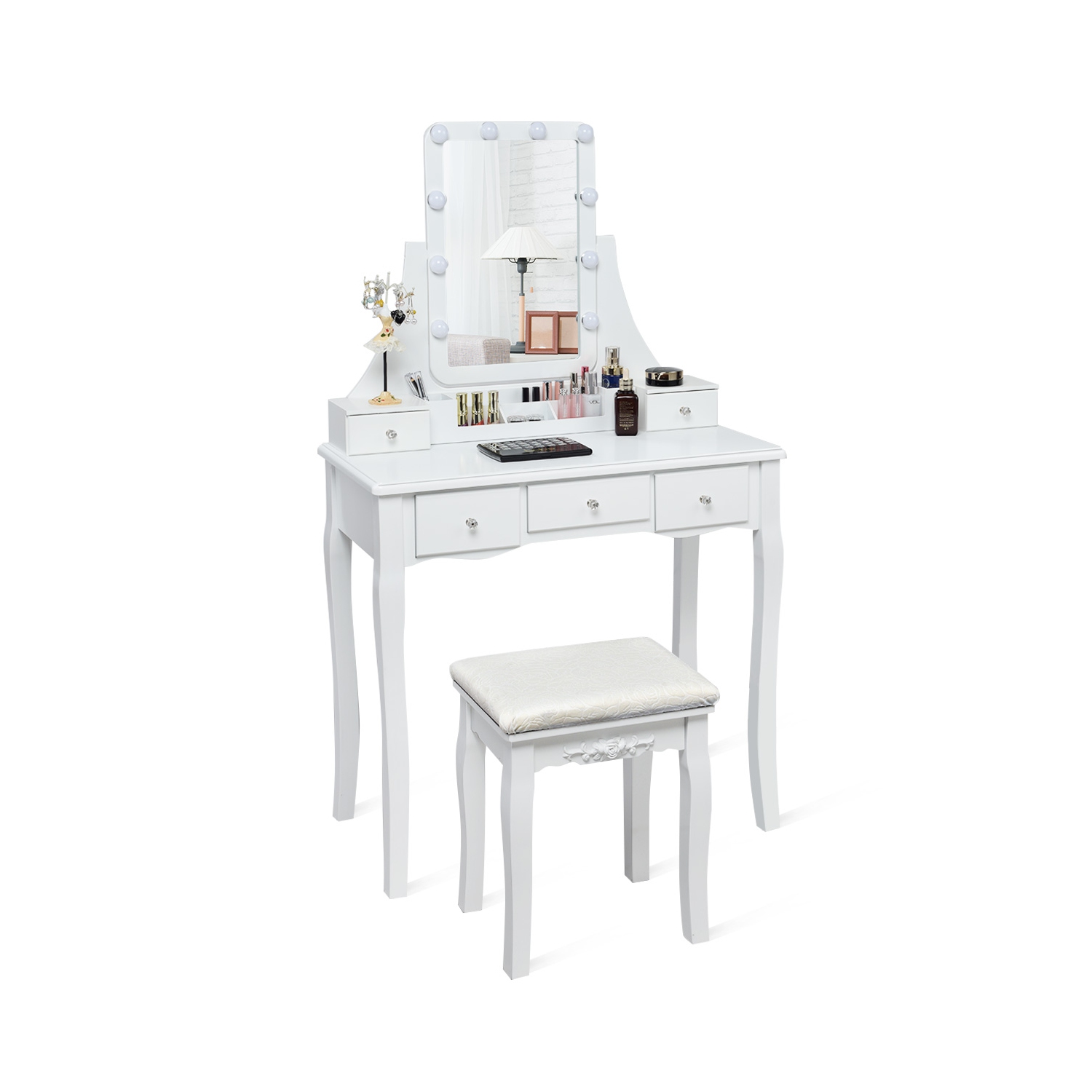 Topbuy LED Vanity Table Makeup Dresser Desk w/ Drawers & Cushioned Stool White