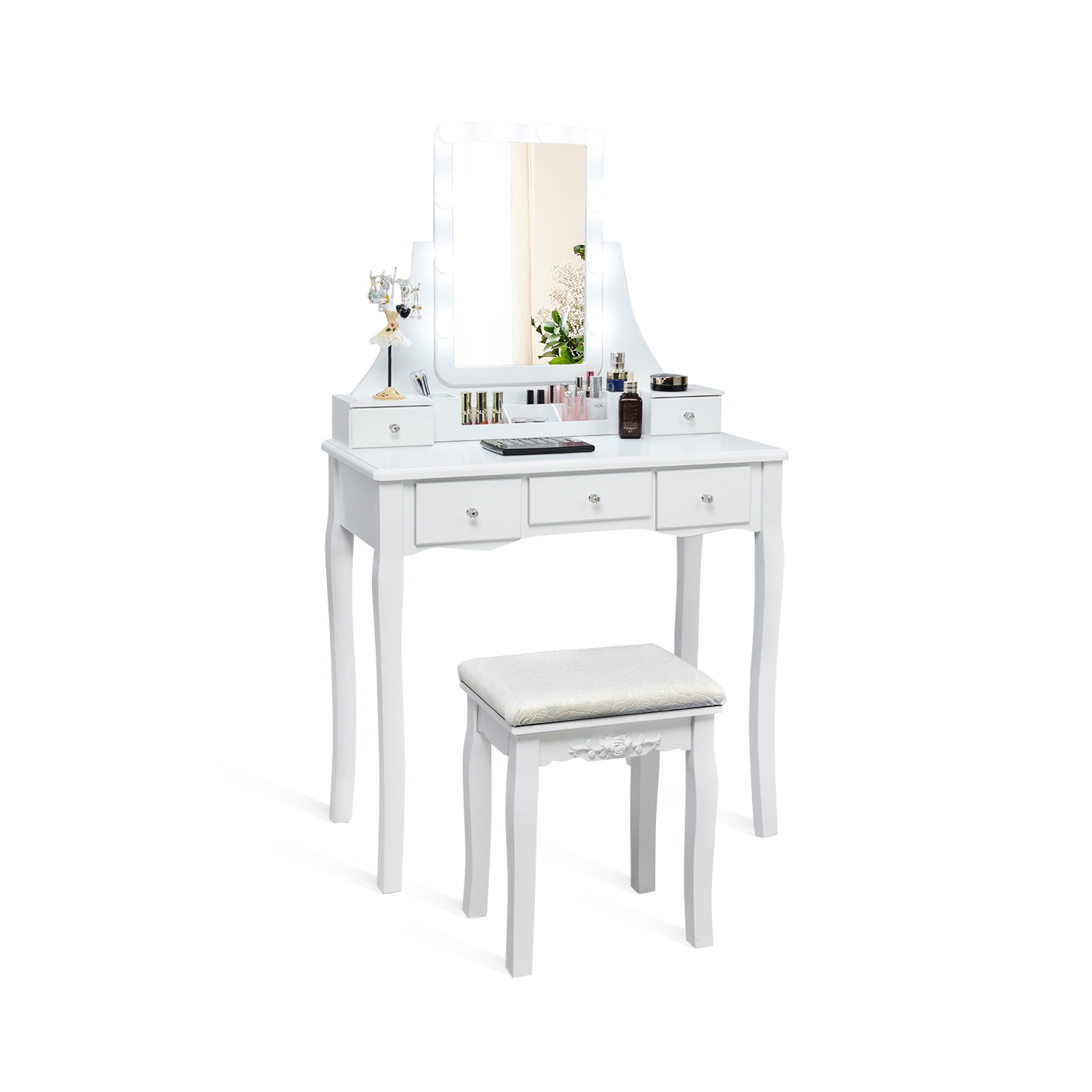 Topbuy LED Vanity Table Makeup Dresser Desk w/ Drawers & Cushioned Stool White