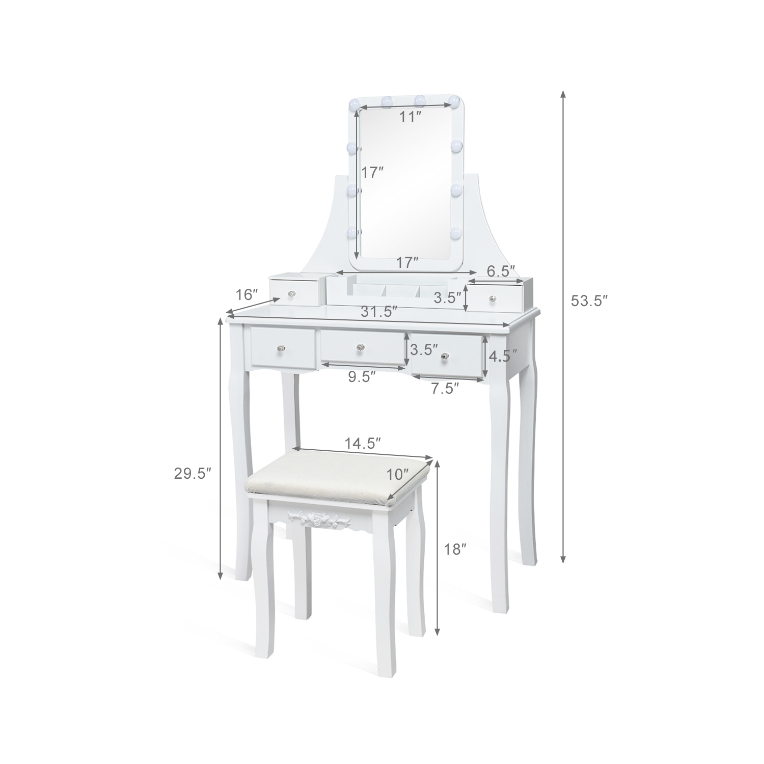 Topbuy LED Vanity Table Makeup Dresser Desk w/ Drawers & Cushioned Stool White