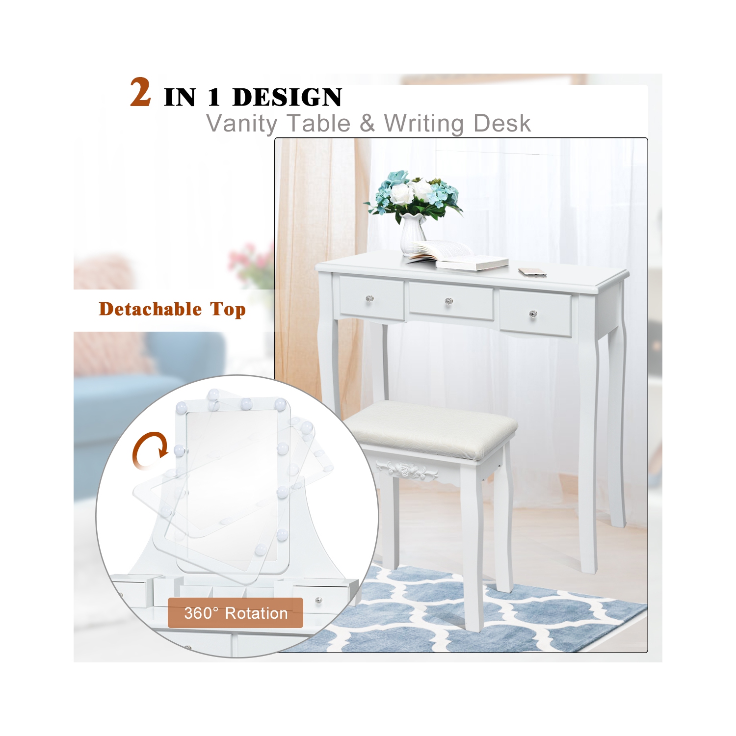 Topbuy LED Vanity Table Makeup Dresser Desk w/ Drawers & Cushioned Stool White