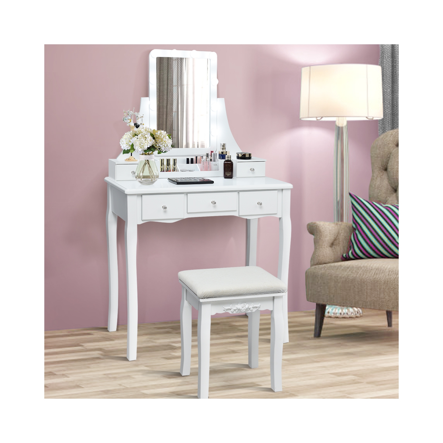 Topbuy LED Vanity Table Makeup Dresser Desk w/ Drawers & Cushioned Stool White