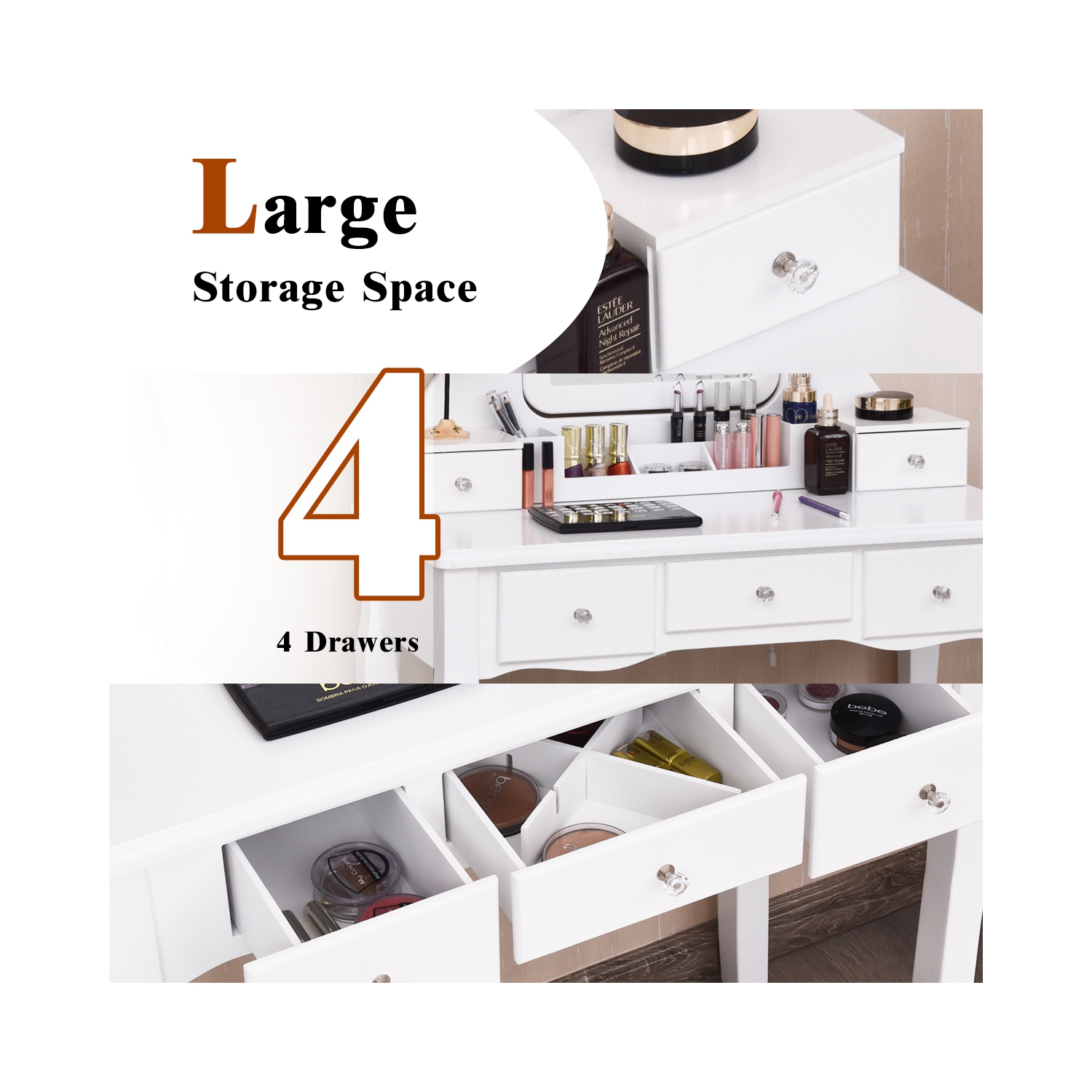 Topbuy LED Vanity Table Makeup Dresser Desk w/ Drawers & Cushioned Stool White