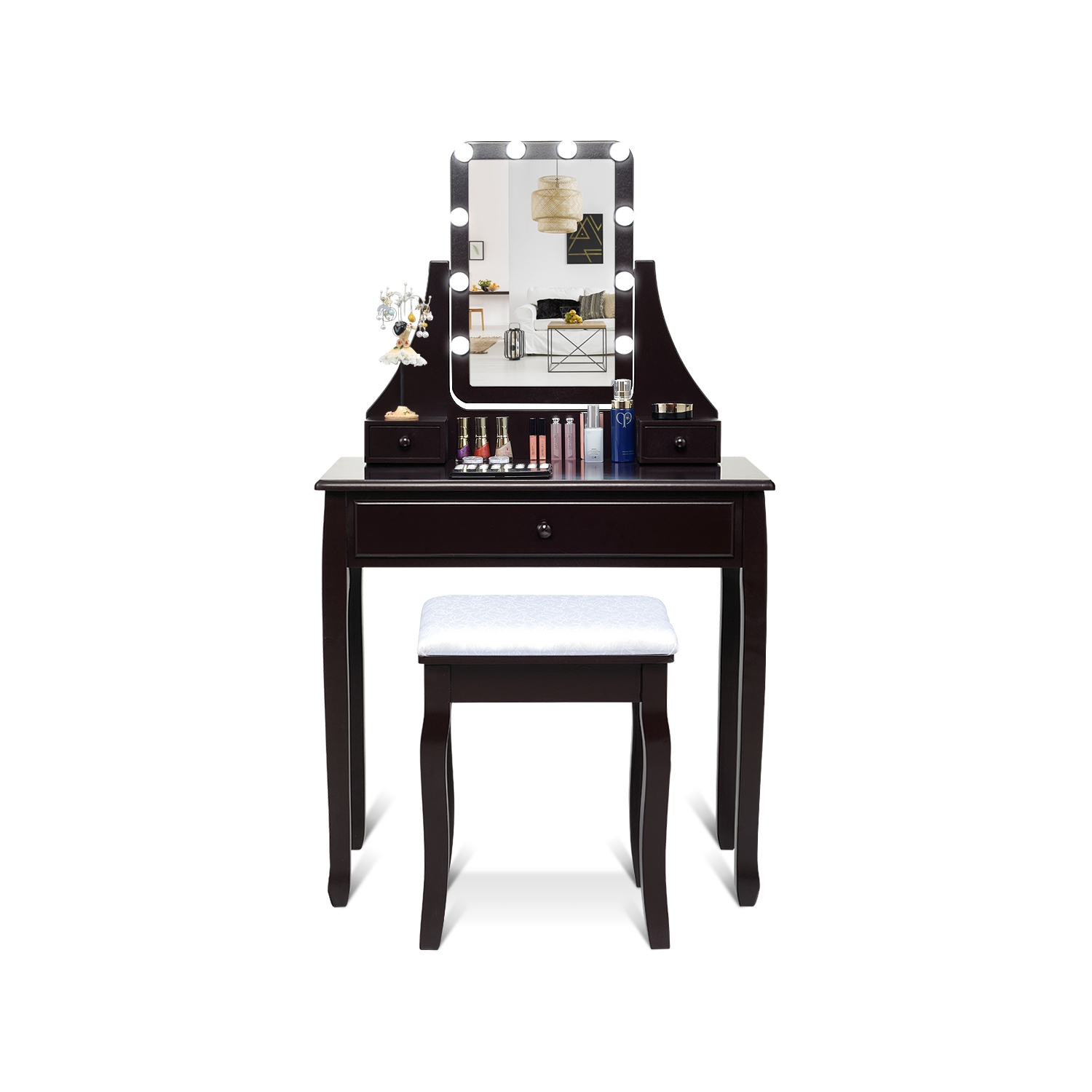 Topbuy Make-Up Vanity Table Dresser Set w/LED Light & Padded Stool Black
