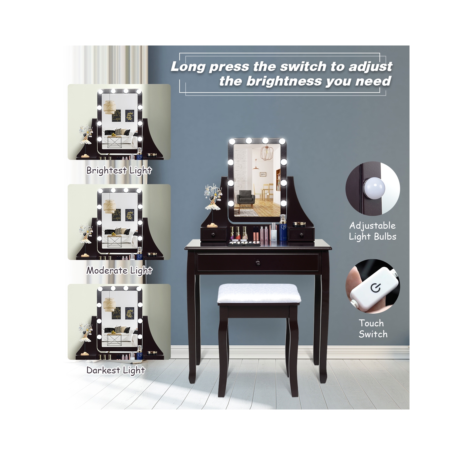 Topbuy Make-Up Vanity Table Dresser Set w/LED Light & Padded Stool Black