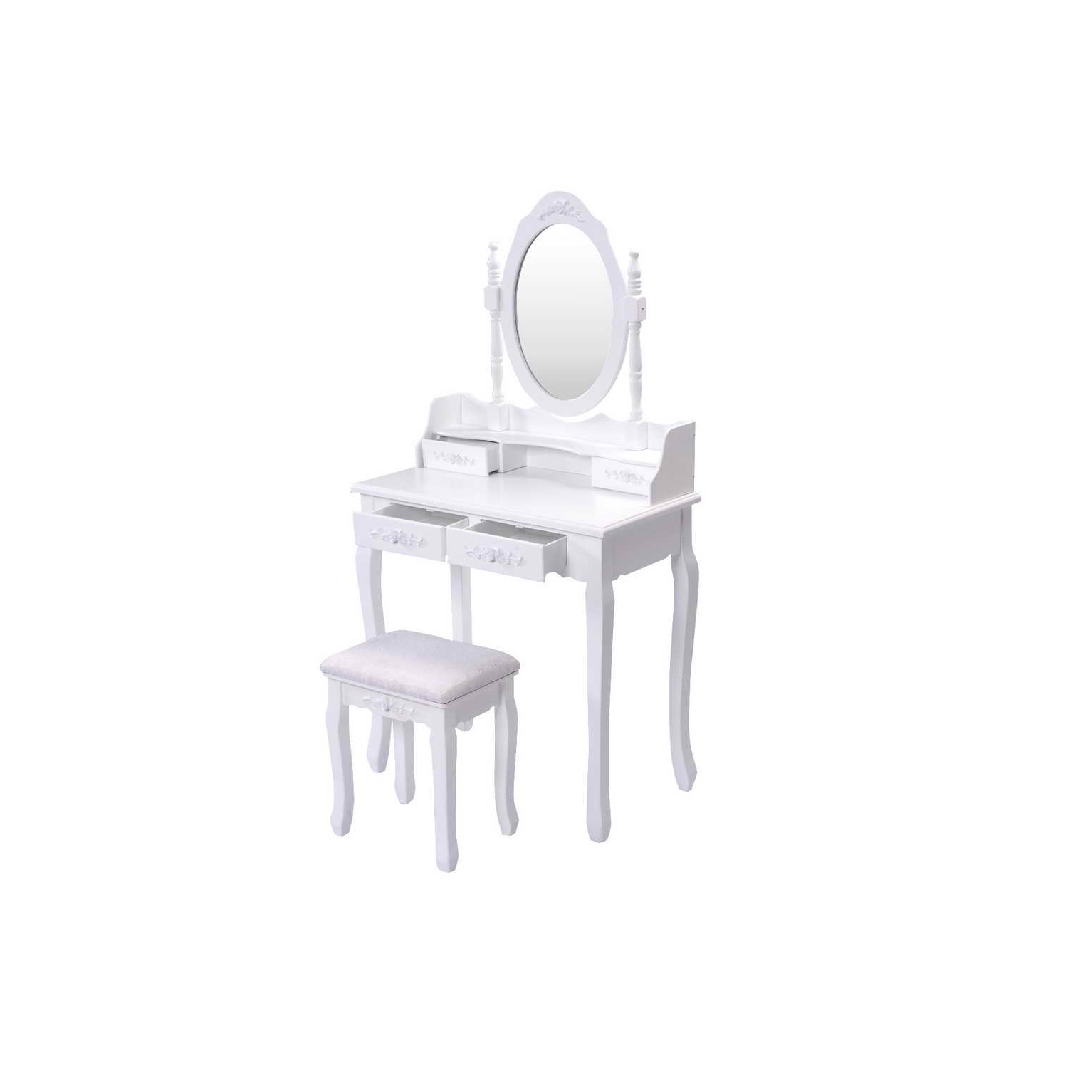 Topbuy Oval Mirror 4 Drawer Vanity Mirror Makeup Table w/ Cushioned Stool White