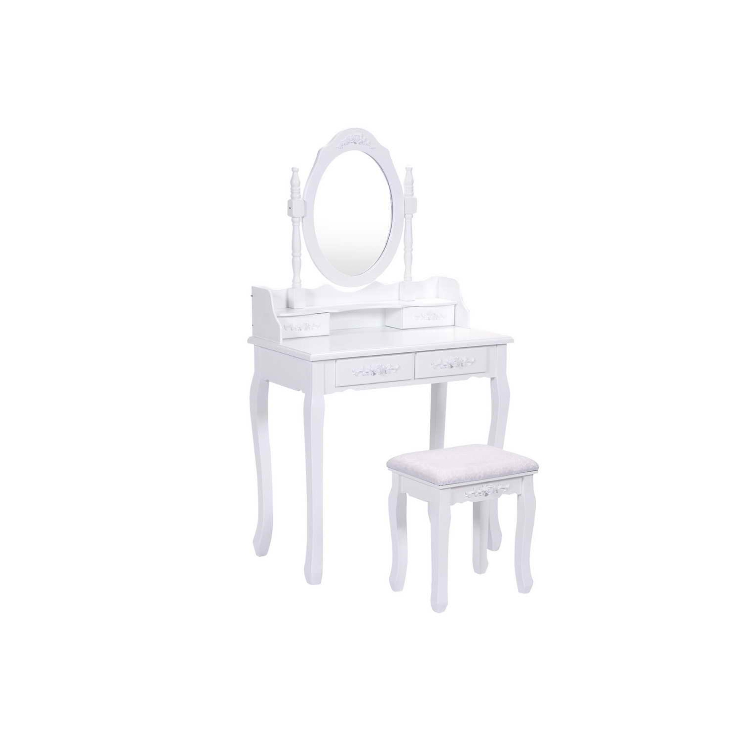 Topbuy Oval Mirror 4 Drawer Vanity Mirror Makeup Table w/ Cushioned Stool White