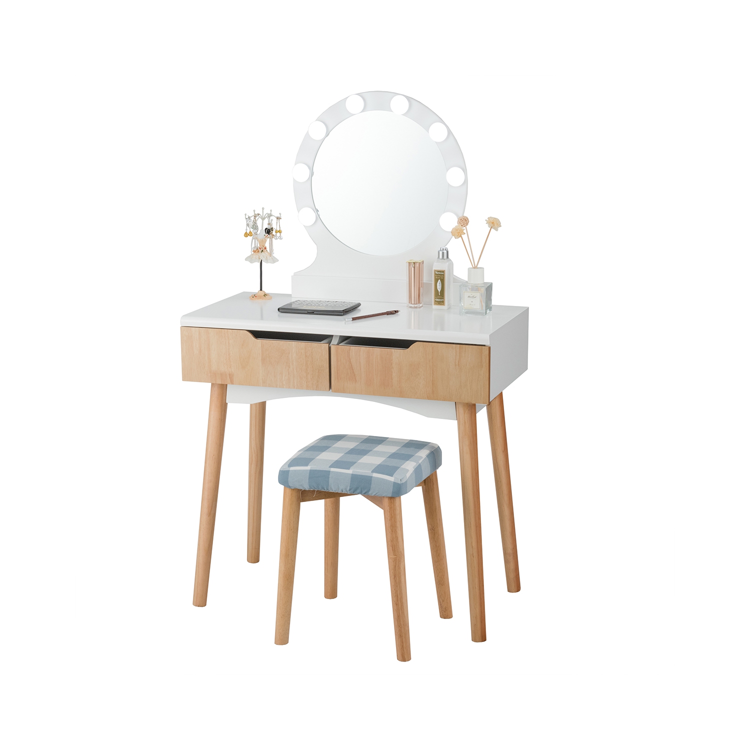 TopBuy – Ensemble de coiffeuse avec miroir et tiroirs pour commode à maquillage éclairée, bois naturel