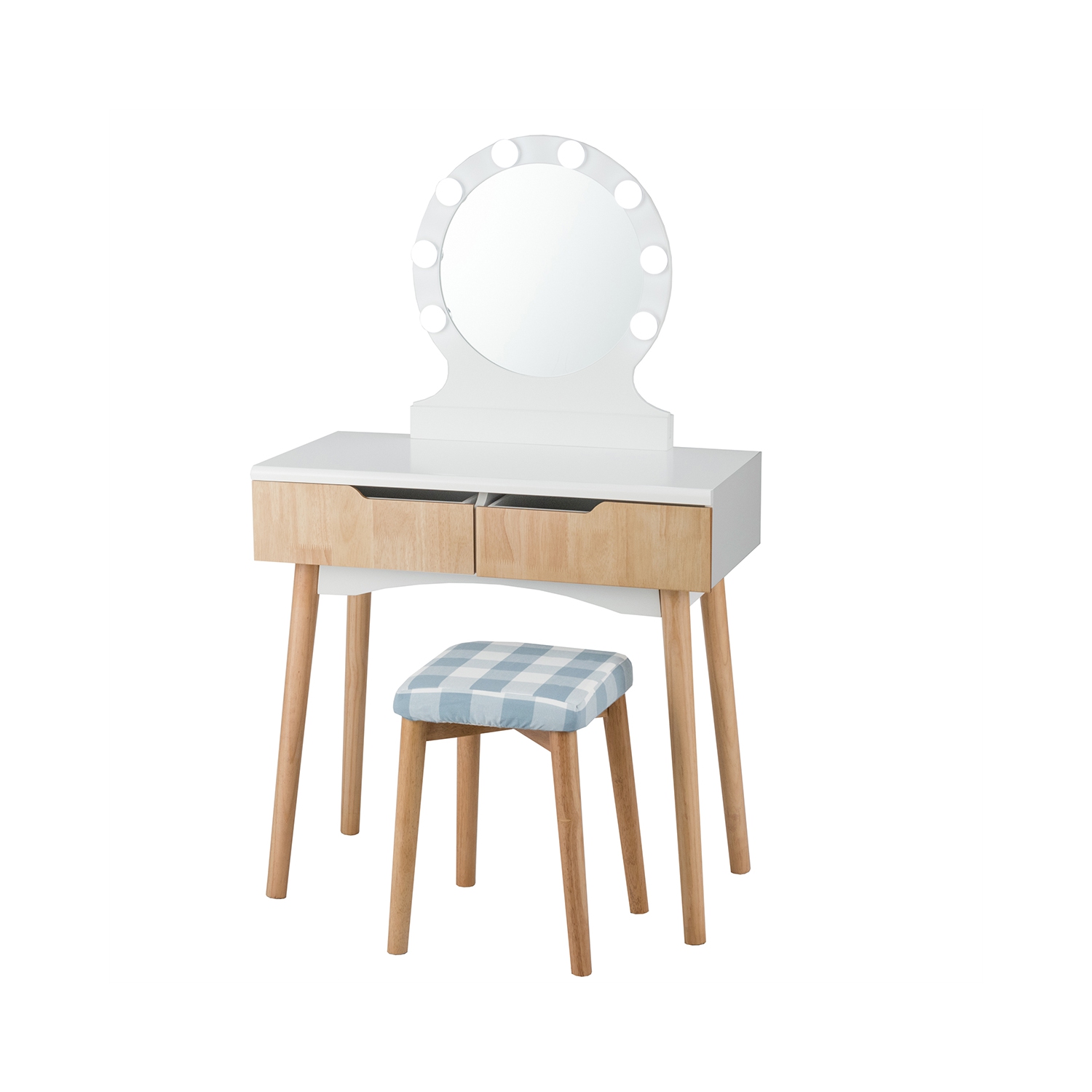 TopBuy – Ensemble de coiffeuse avec miroir et tiroirs pour commode à maquillage éclairée, bois naturel