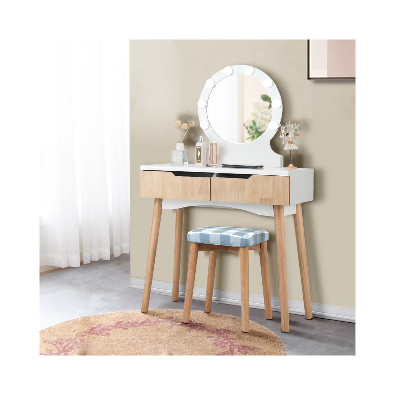 TopBuy – Ensemble de coiffeuse avec miroir et tiroirs pour commode à maquillage éclairée, bois naturel