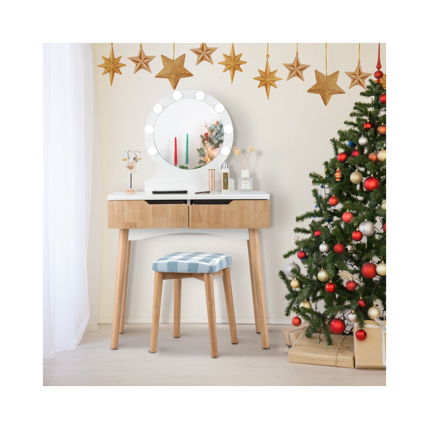 TopBuy – Ensemble de coiffeuse avec miroir et tiroirs pour commode à maquillage éclairée, bois naturel