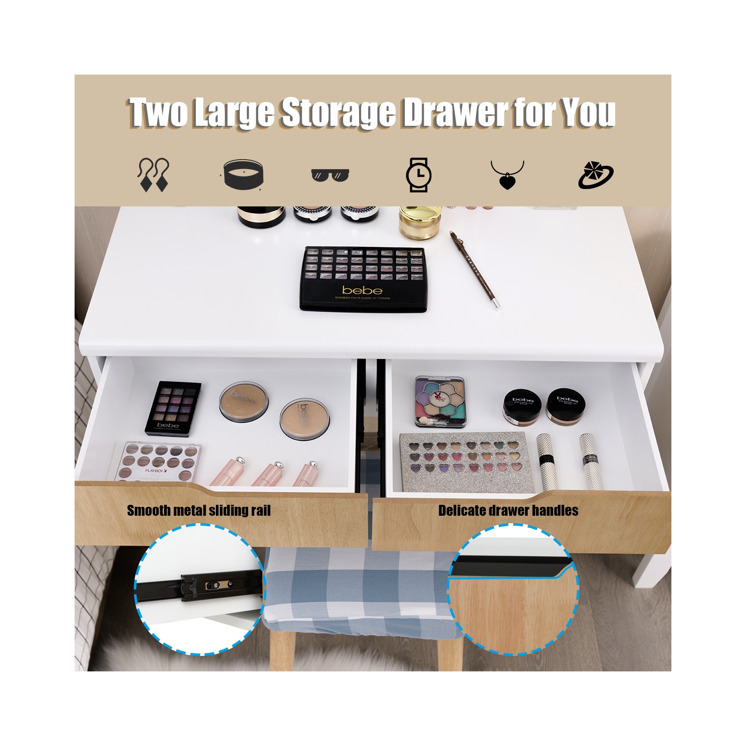 TopBuy – Ensemble de coiffeuse avec miroir et tiroirs pour commode à maquillage éclairée, bois naturel