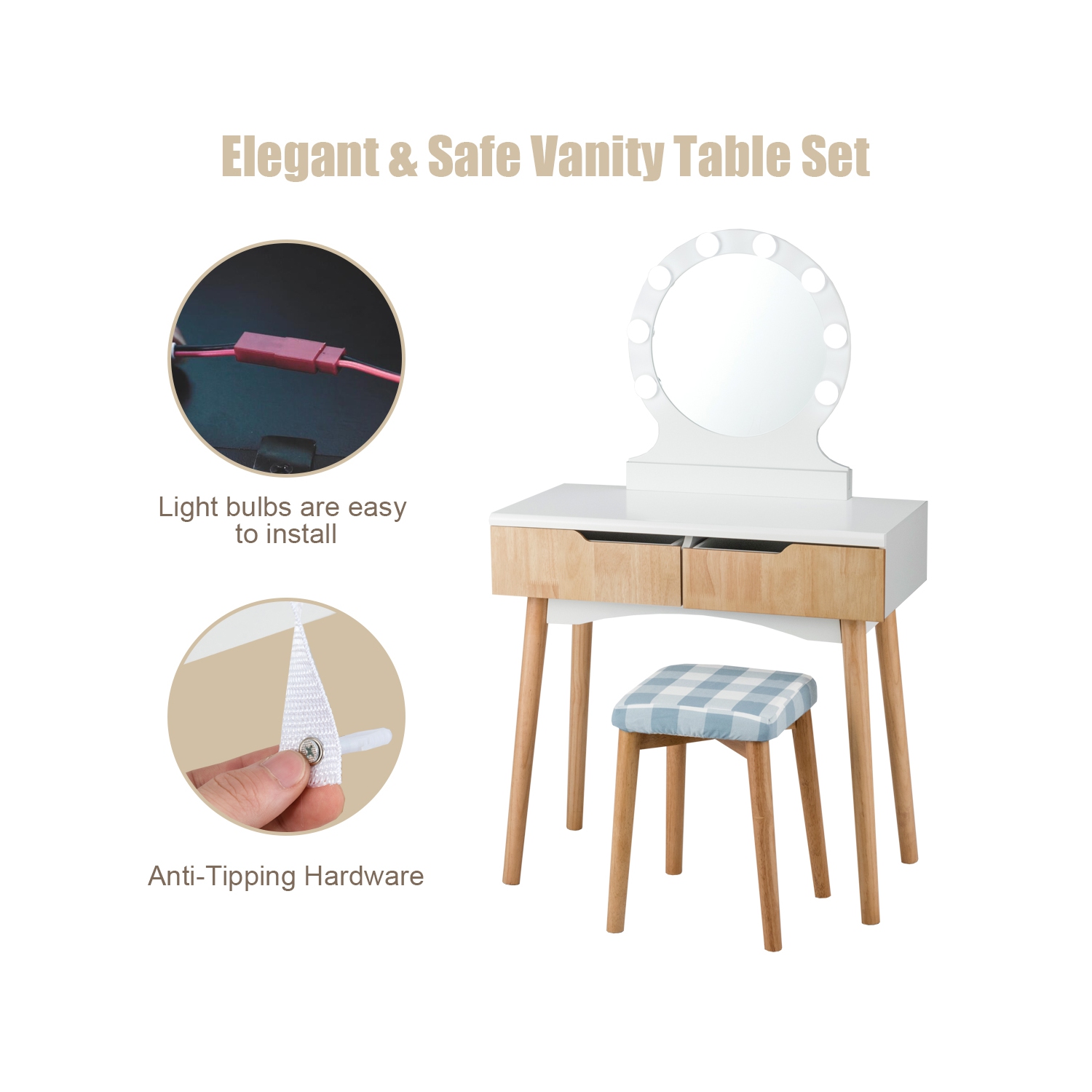 TopBuy – Ensemble de coiffeuse avec miroir et tiroirs pour commode à maquillage éclairée, bois naturel