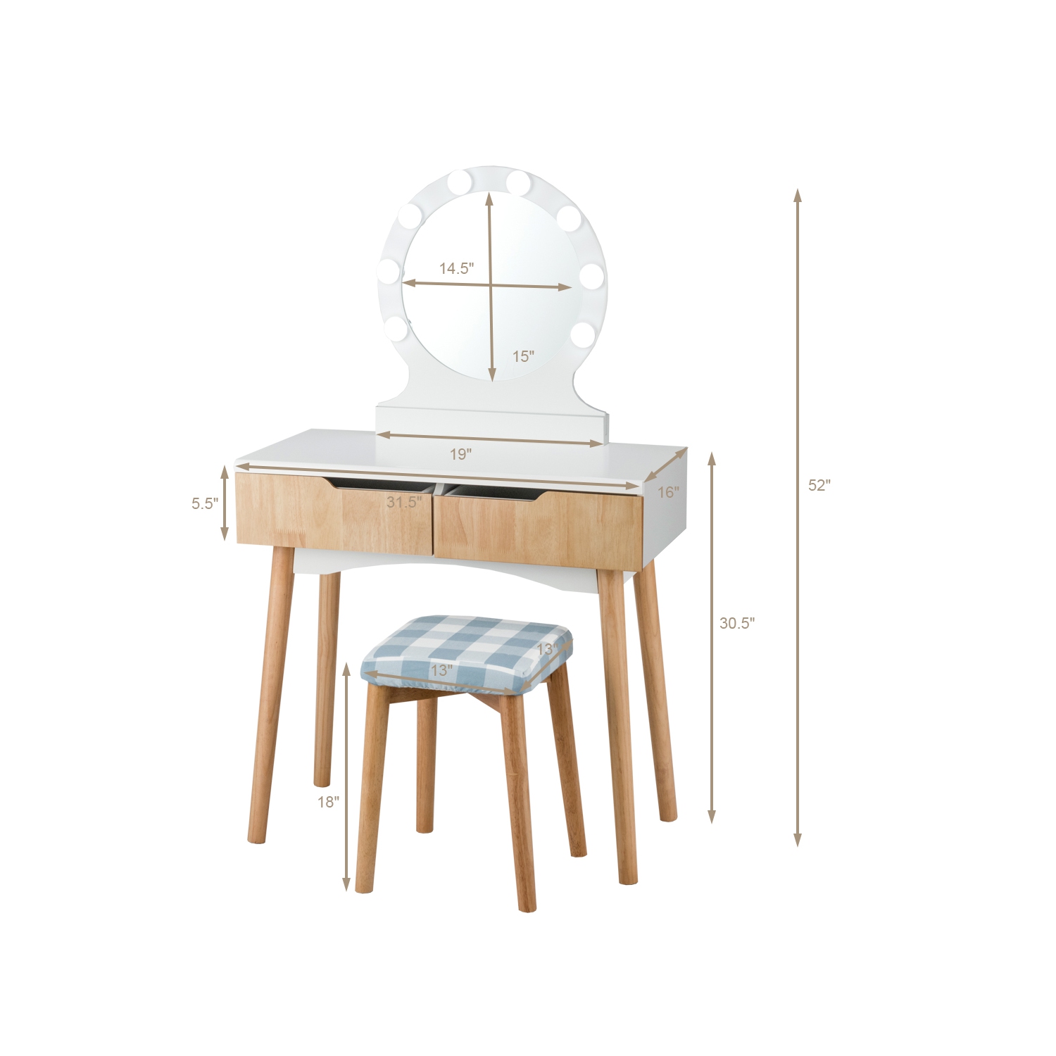 TopBuy – Ensemble de coiffeuse avec miroir et tiroirs pour commode à maquillage éclairée, bois naturel